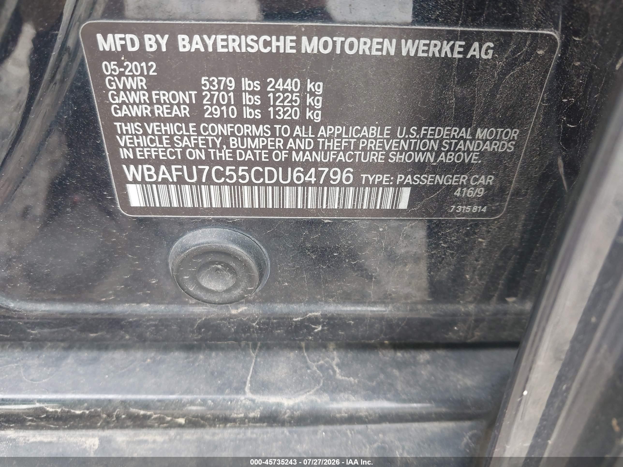 2012 Bmw 535i Xdrive Black vin: WBAFU7C55CDU64796