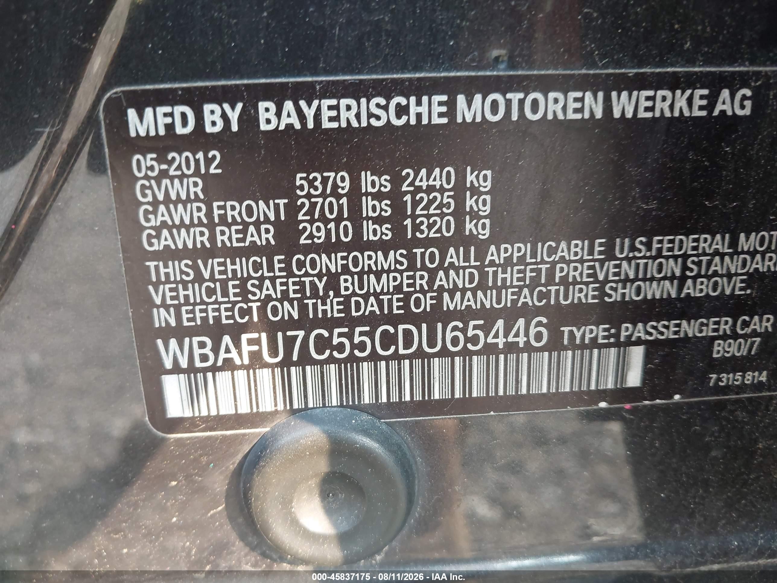 2012 Bmw 535i Xdrive Black vin: WBAFU7C55CDU65446