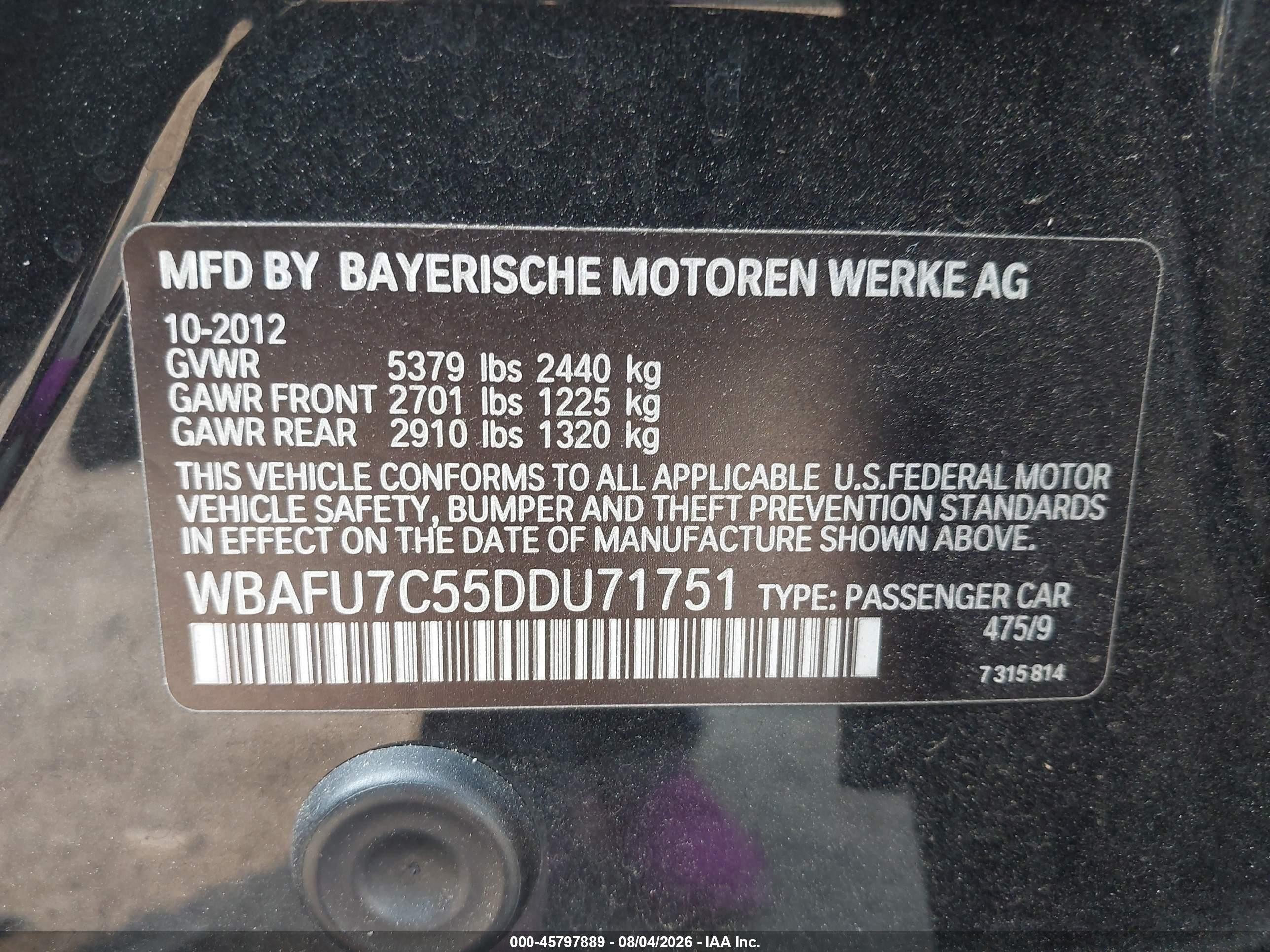 2013 Bmw 535 Xi Black vin: WBAFU7C55DDU71751