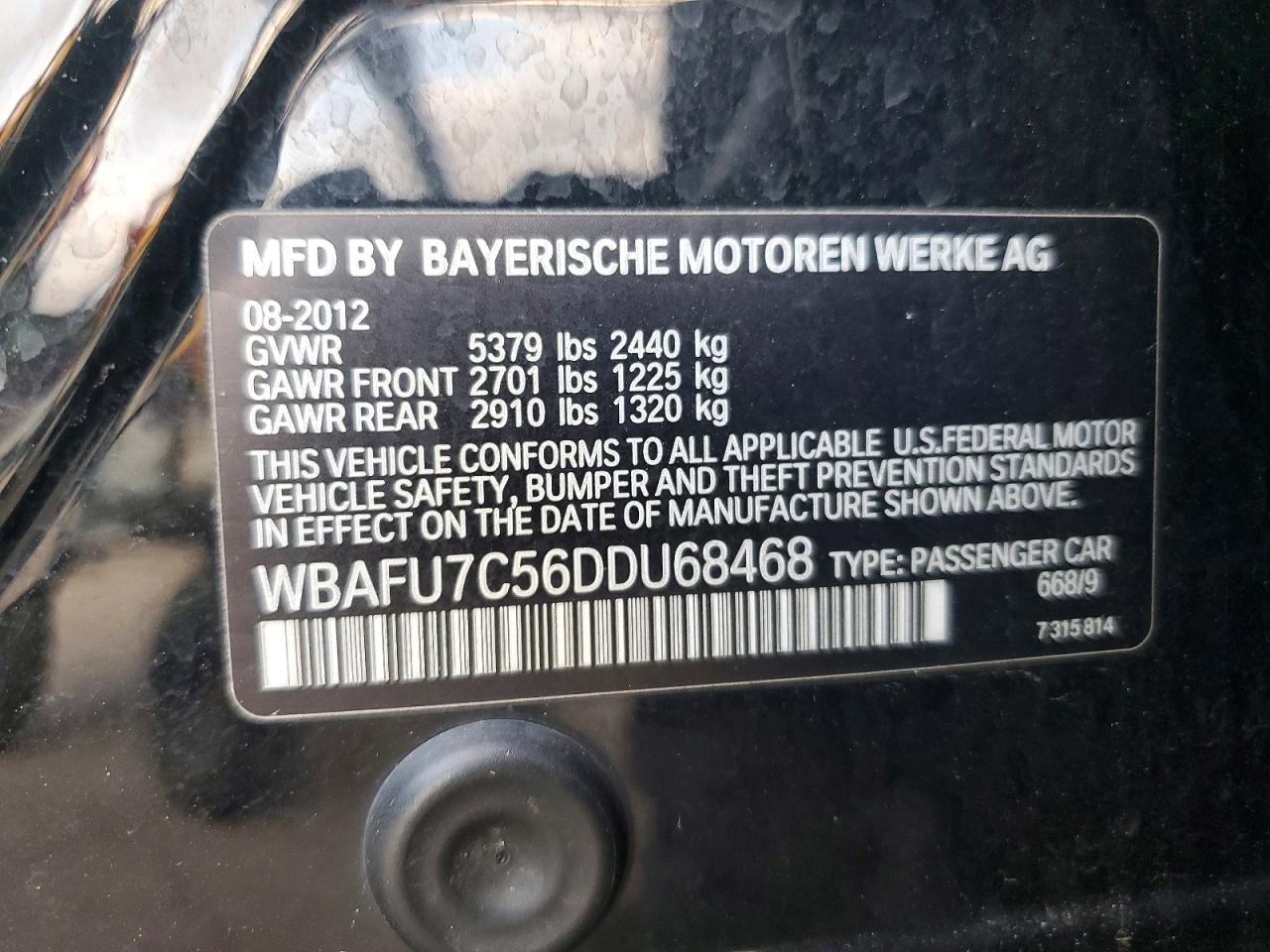 2013 Bmw 535 Xi Черный vin: WBAFU7C56DDU68468