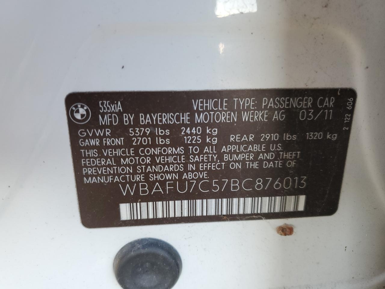 2011 Bmw 535 Xi White vin: WBAFU7C57BC876013