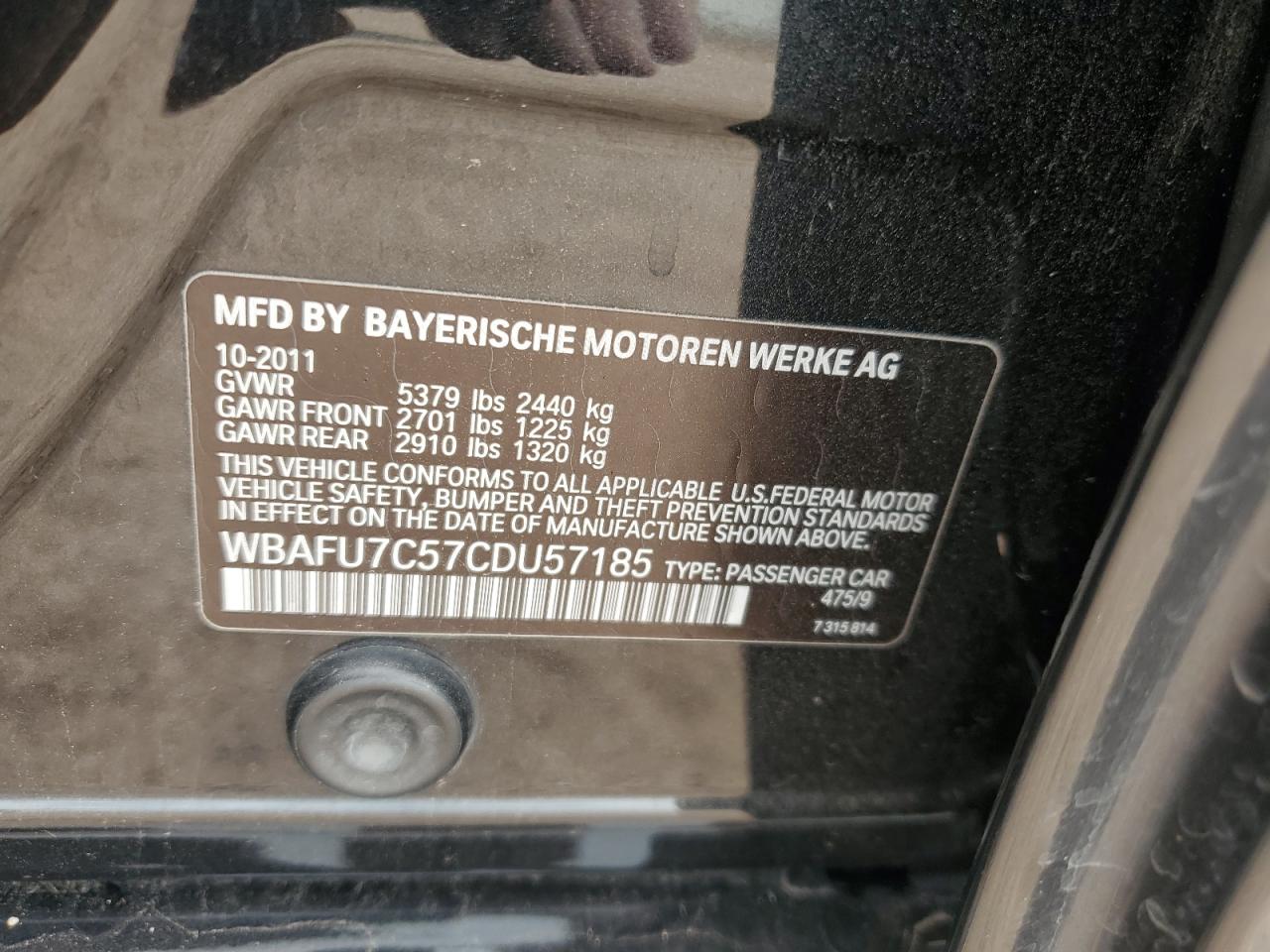 2012 Bmw 535 Xi Black vin: WBAFU7C57CDU57185