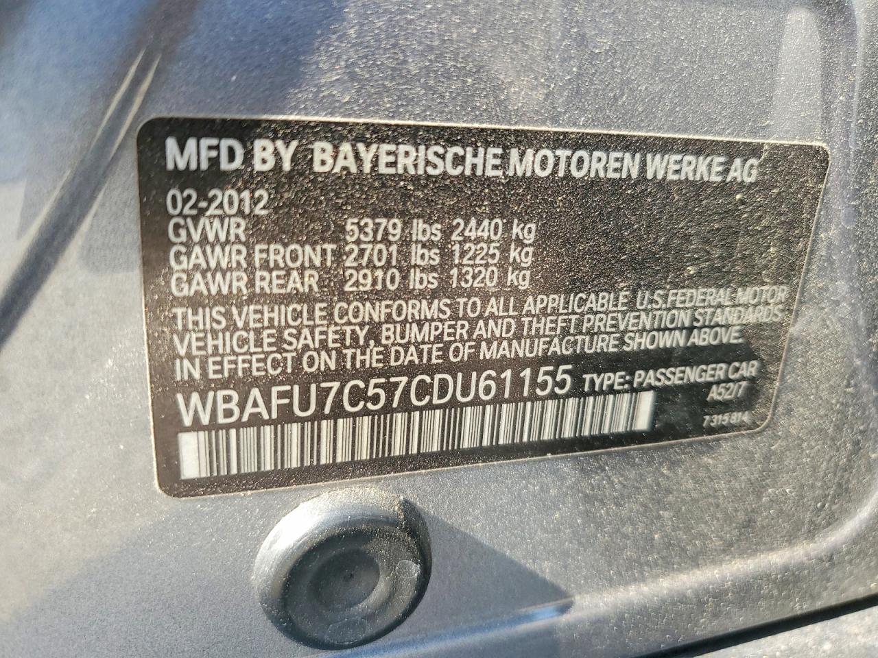 2012 Bmw 535 Xi Gray vin: WBAFU7C57CDU61155