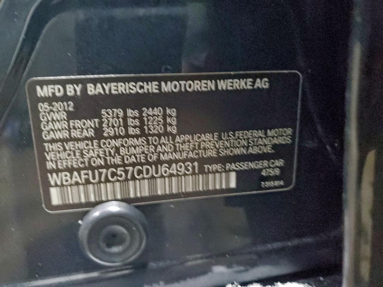 2012 Bmw 535 Xi Black vin: WBAFU7C57CDU64931