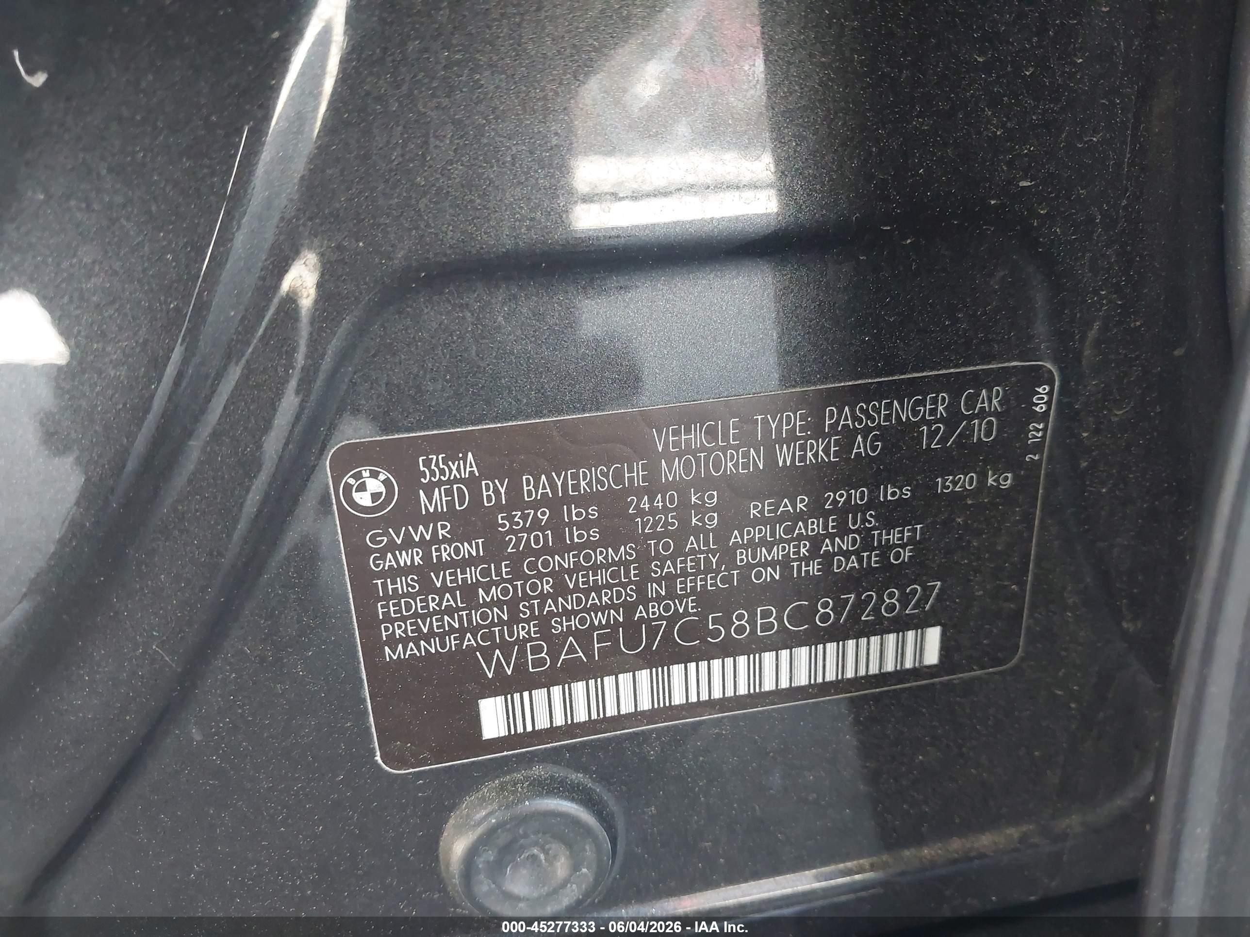 2011 Bmw 535i Xdrive Серый vin: WBAFU7C58BC872827