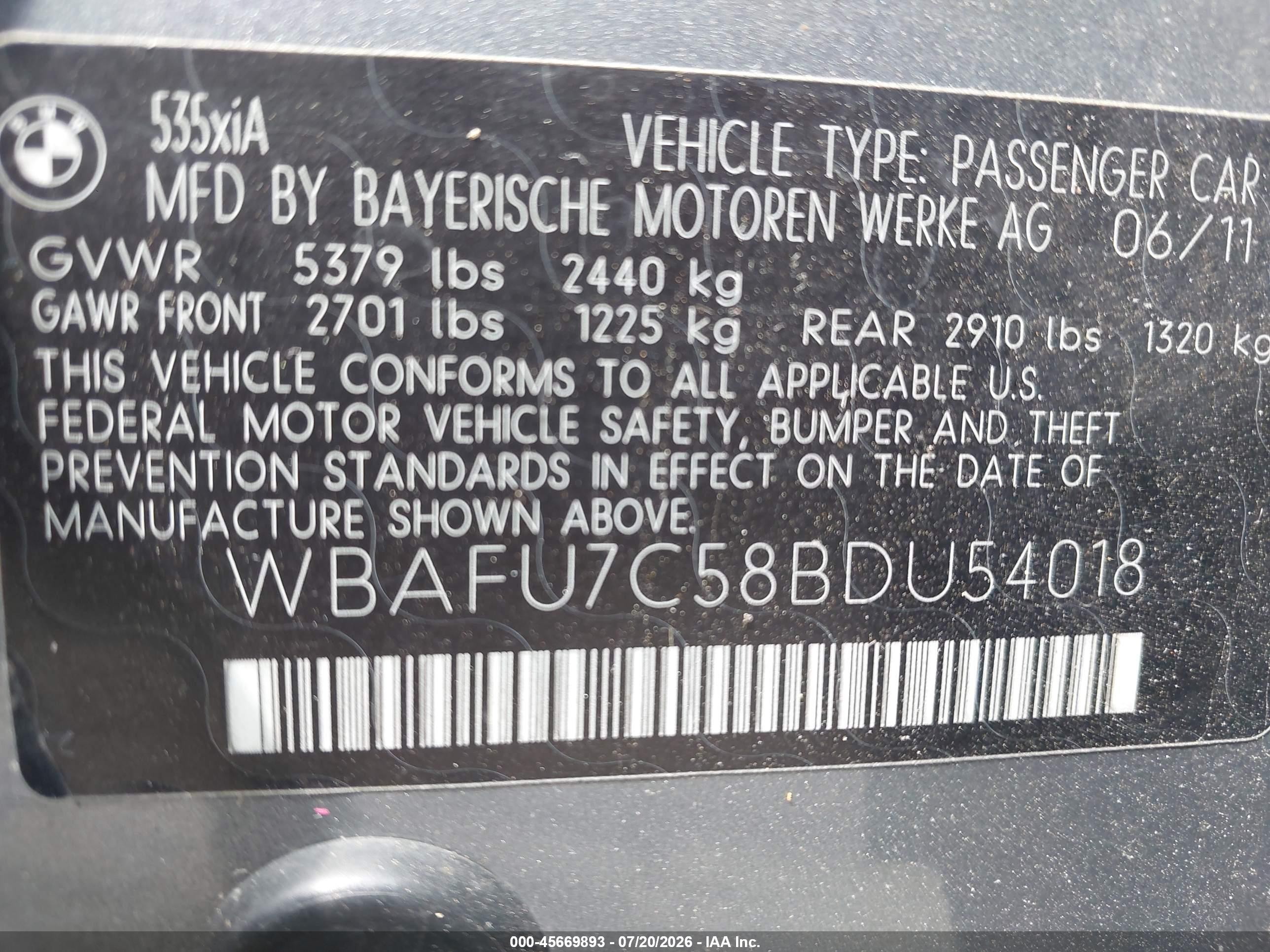 2011 Bmw 535i Xdrive Silver vin: WBAFU7C58BDU54018