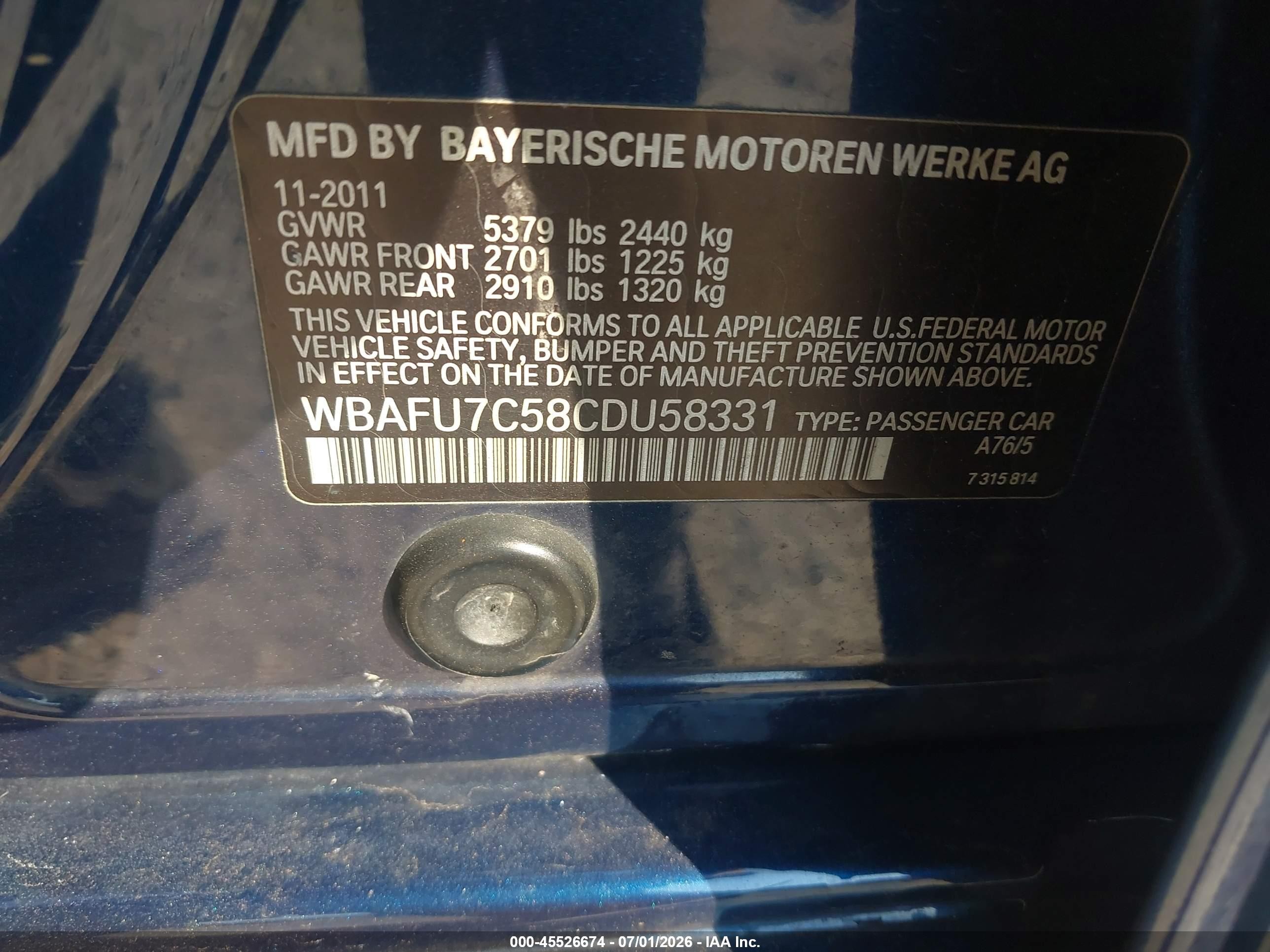 2012 Bmw 535i Xdrive Dark Blue vin: WBAFU7C58CDU58331