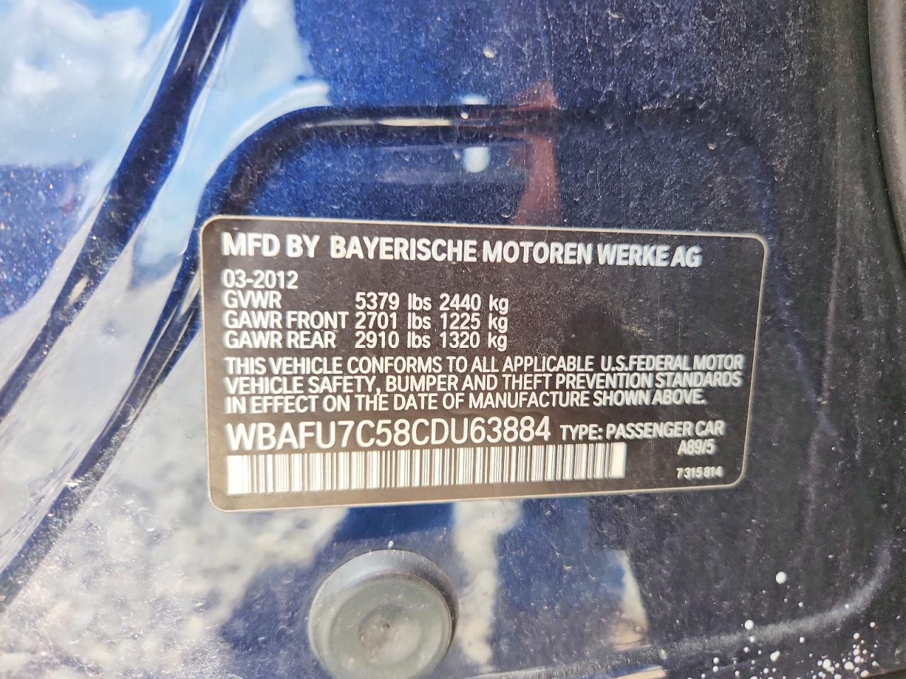 2012 Bmw 535 Xi Blue vin: WBAFU7C58CDU63884