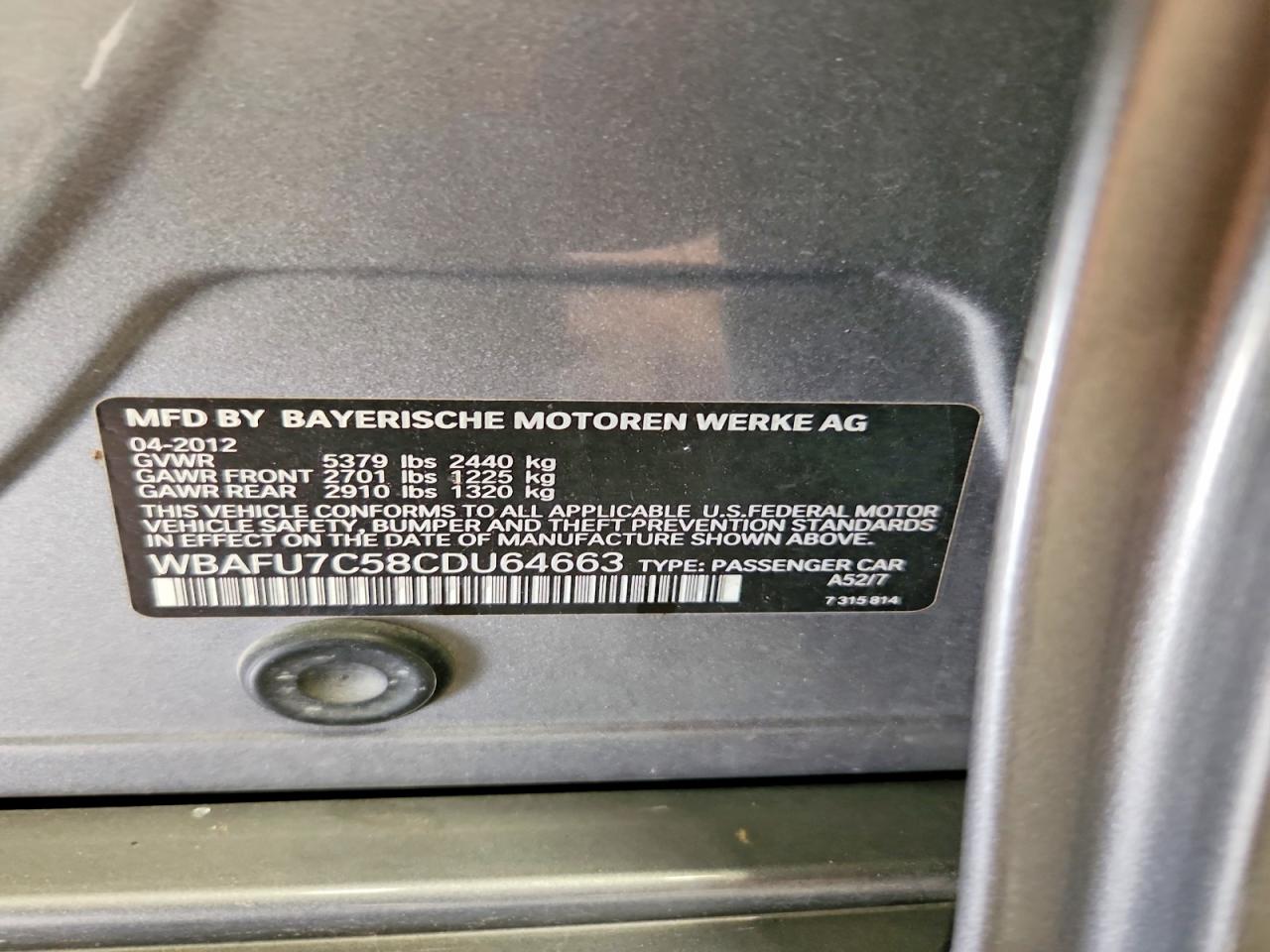 2012 Bmw 535 Xi Gray vin: WBAFU7C58CDU64663