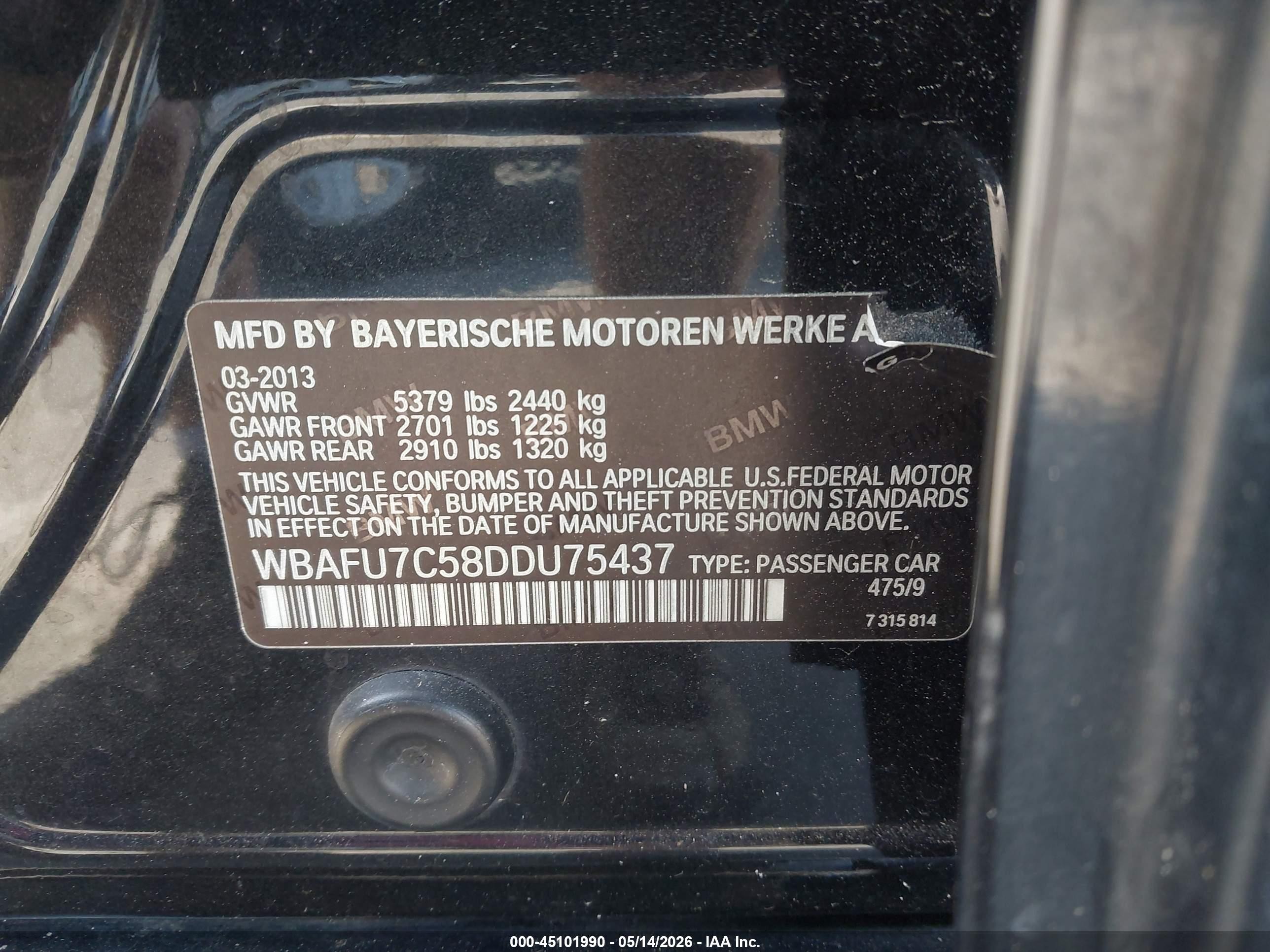 2013 Bmw 535i Xdrive Black vin: WBAFU7C58DDU75437