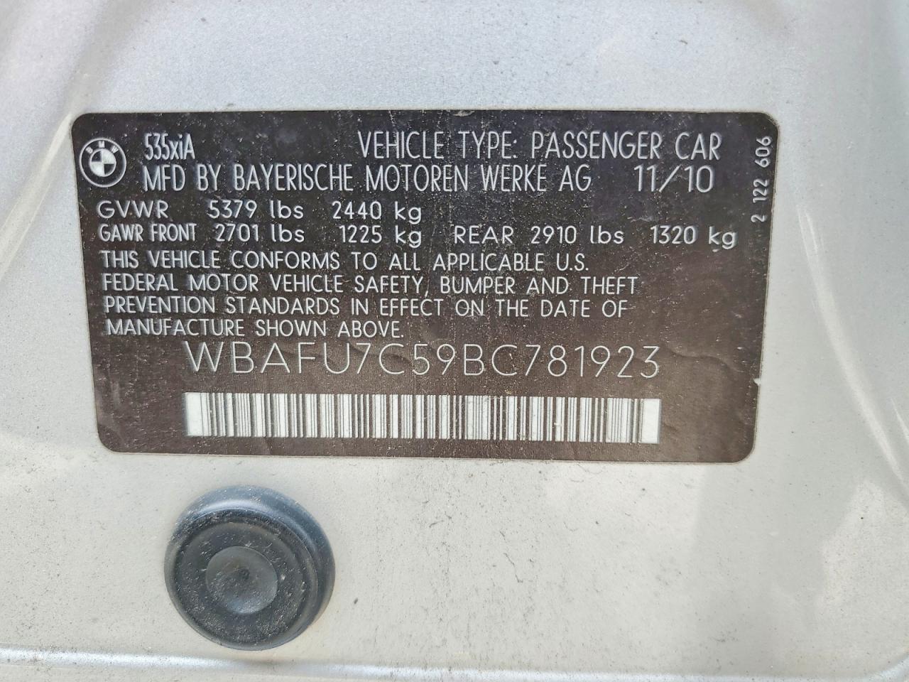 2011 Bmw 535 Xi Silver vin: WBAFU7C59BC781923