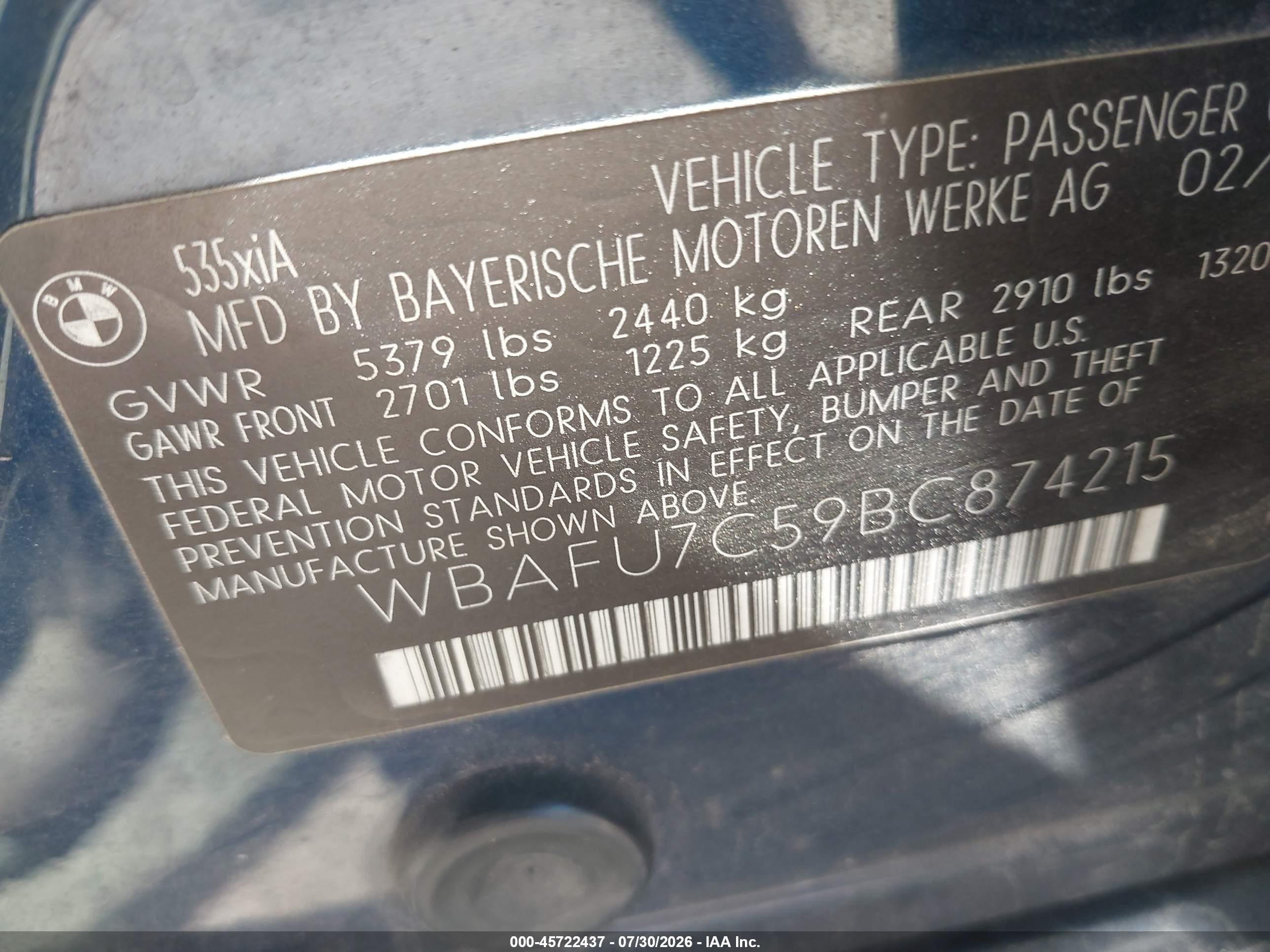 2011 Bmw 535i Xdrive Blue vin: WBAFU7C59BC874215