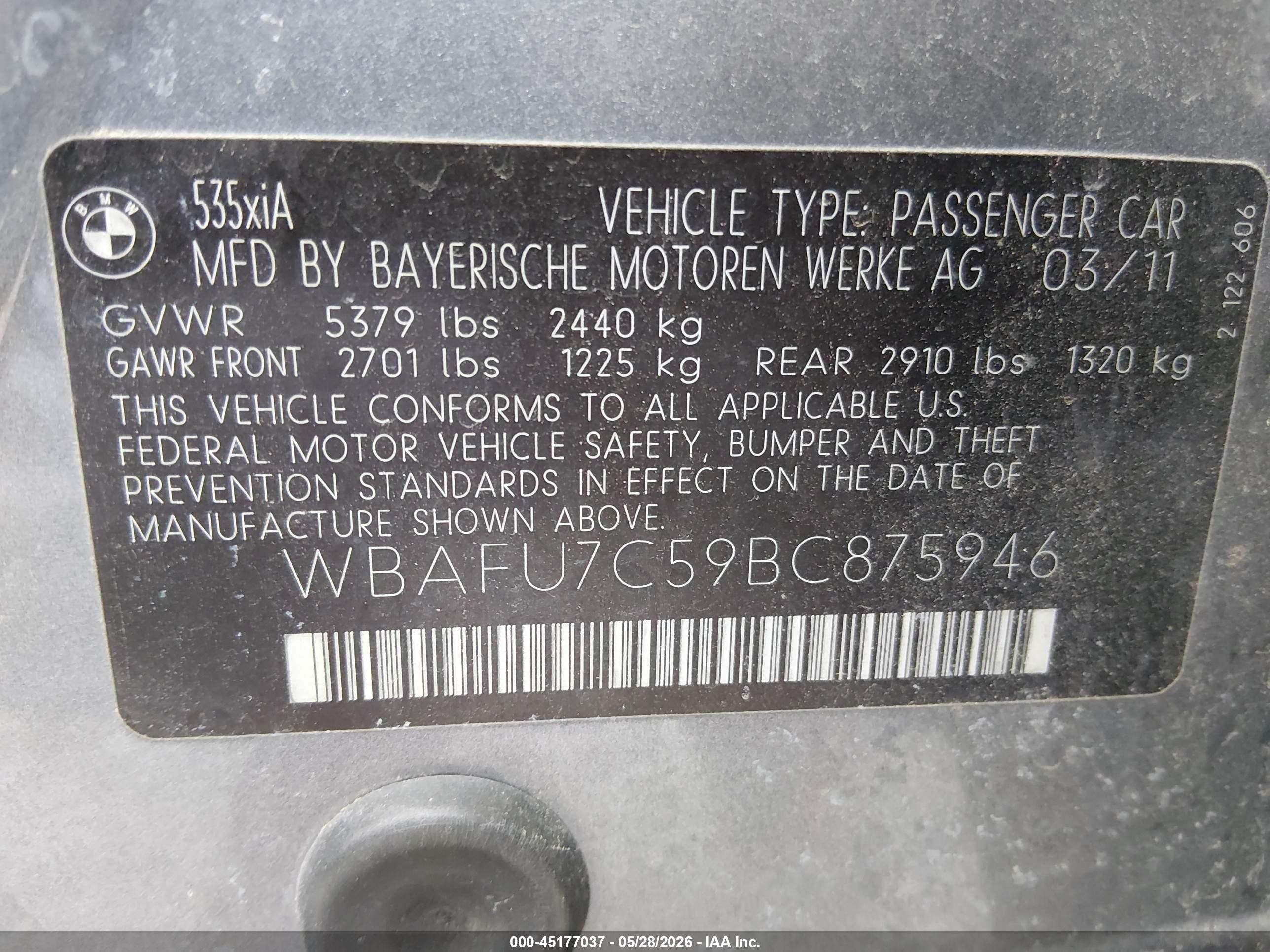 2011 Bmw 535i Xdrive Gray vin: WBAFU7C59BC875946