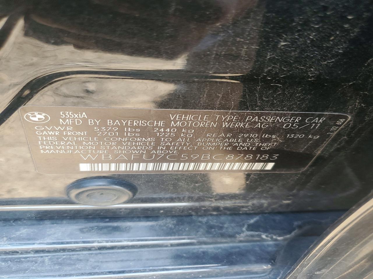 2011 Bmw 535 Xi Black vin: WBAFU7C59BC878183