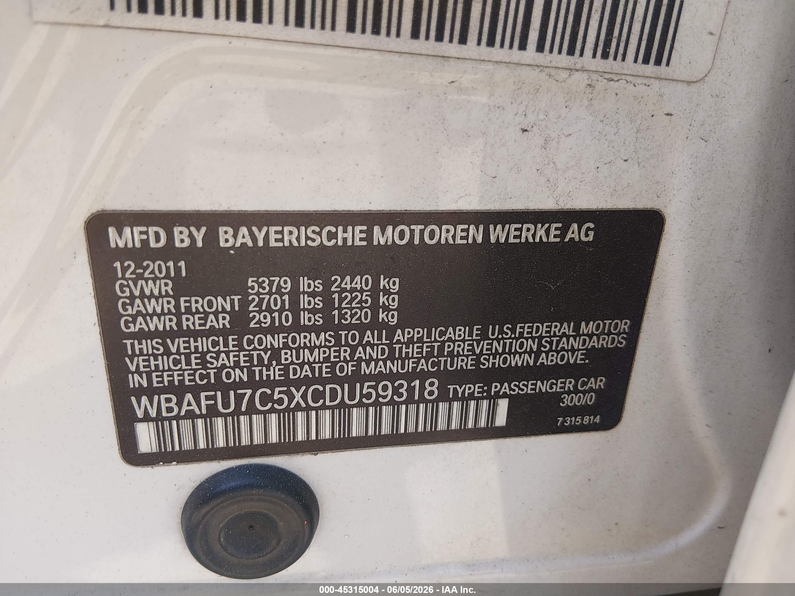 2012 Bmw 535i Xdrive White vin: WBAFU7C5XCDU59318