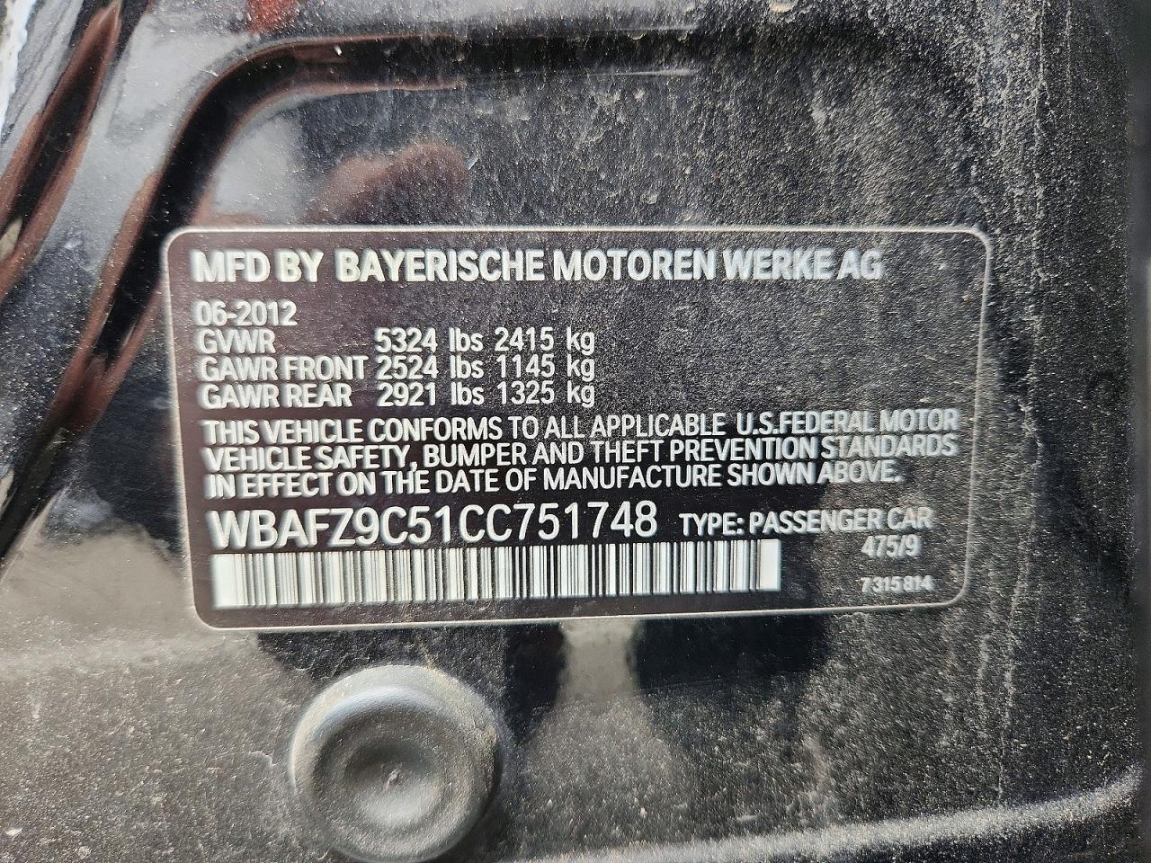 2012 Bmw 535 I Black vin: WBAFZ9C51CC751748