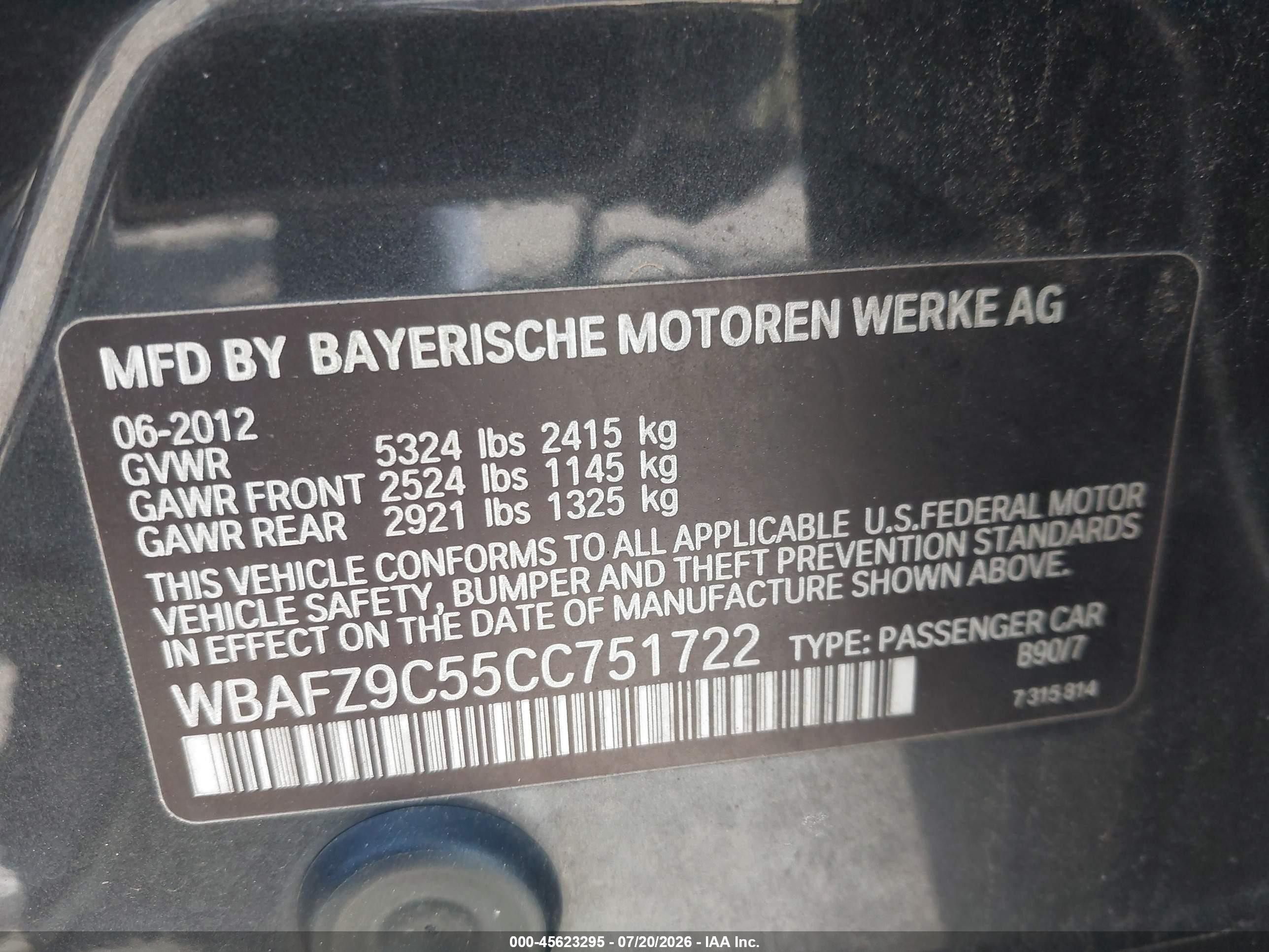 2012 Bmw Activehybrid 5   Серый vin: WBAFZ9C55CC751722