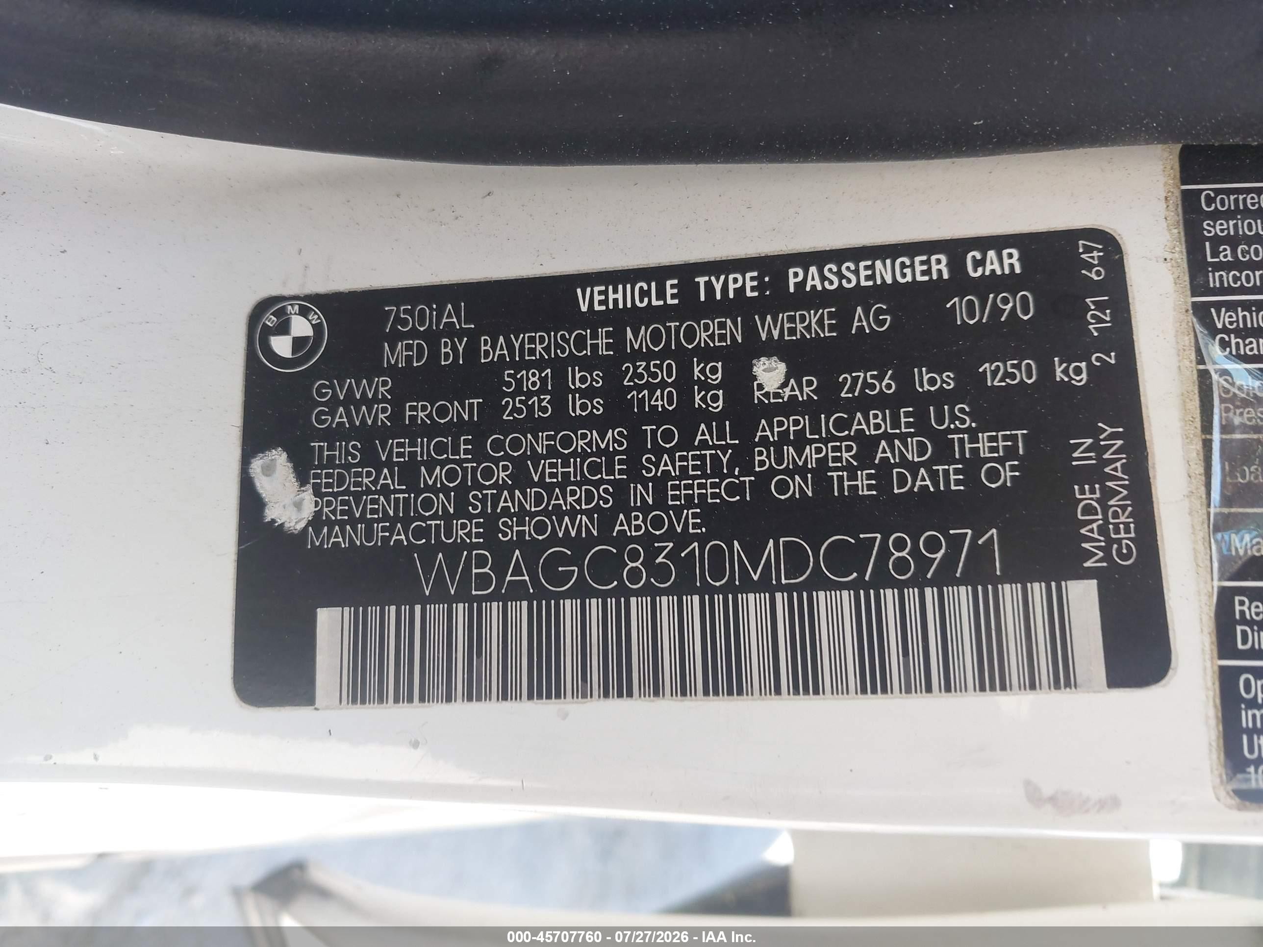 1991 Bmw 750 Il Automatic White vin: WBAGC8310MDC78971