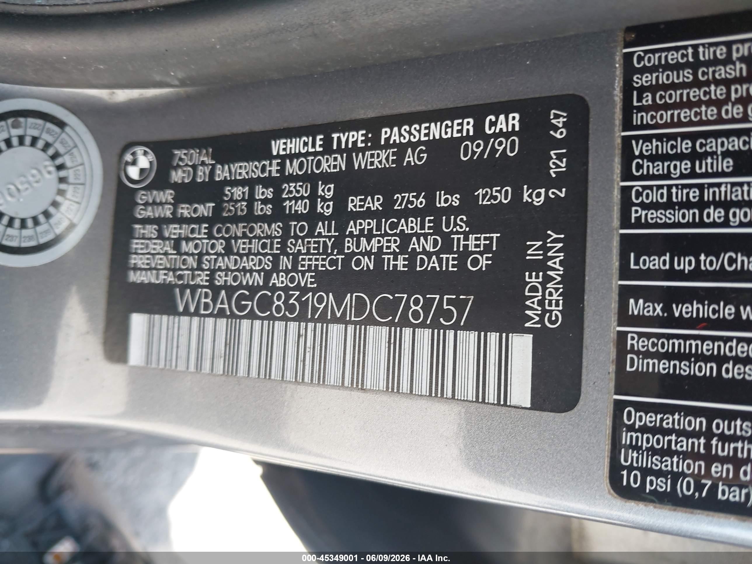1991 Bmw 750 Il Automatic Gray vin: WBAGC8319MDC78757
