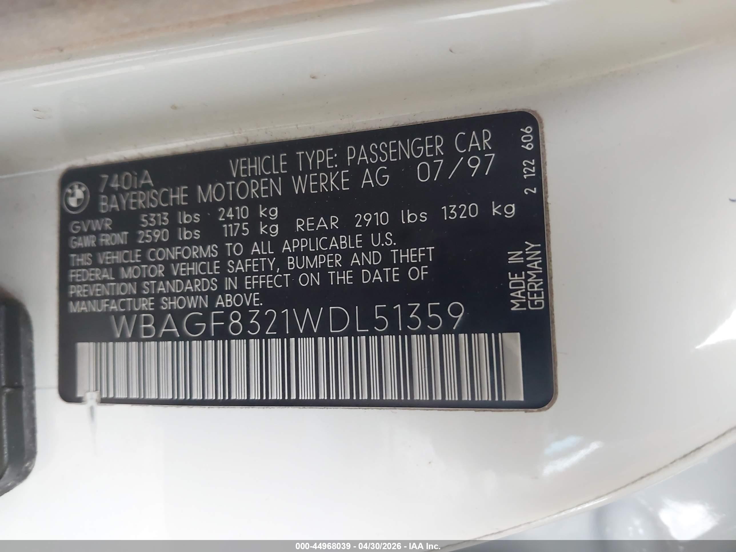 1998 Bmw 740ia   White vin: WBAGF8321WDL51359