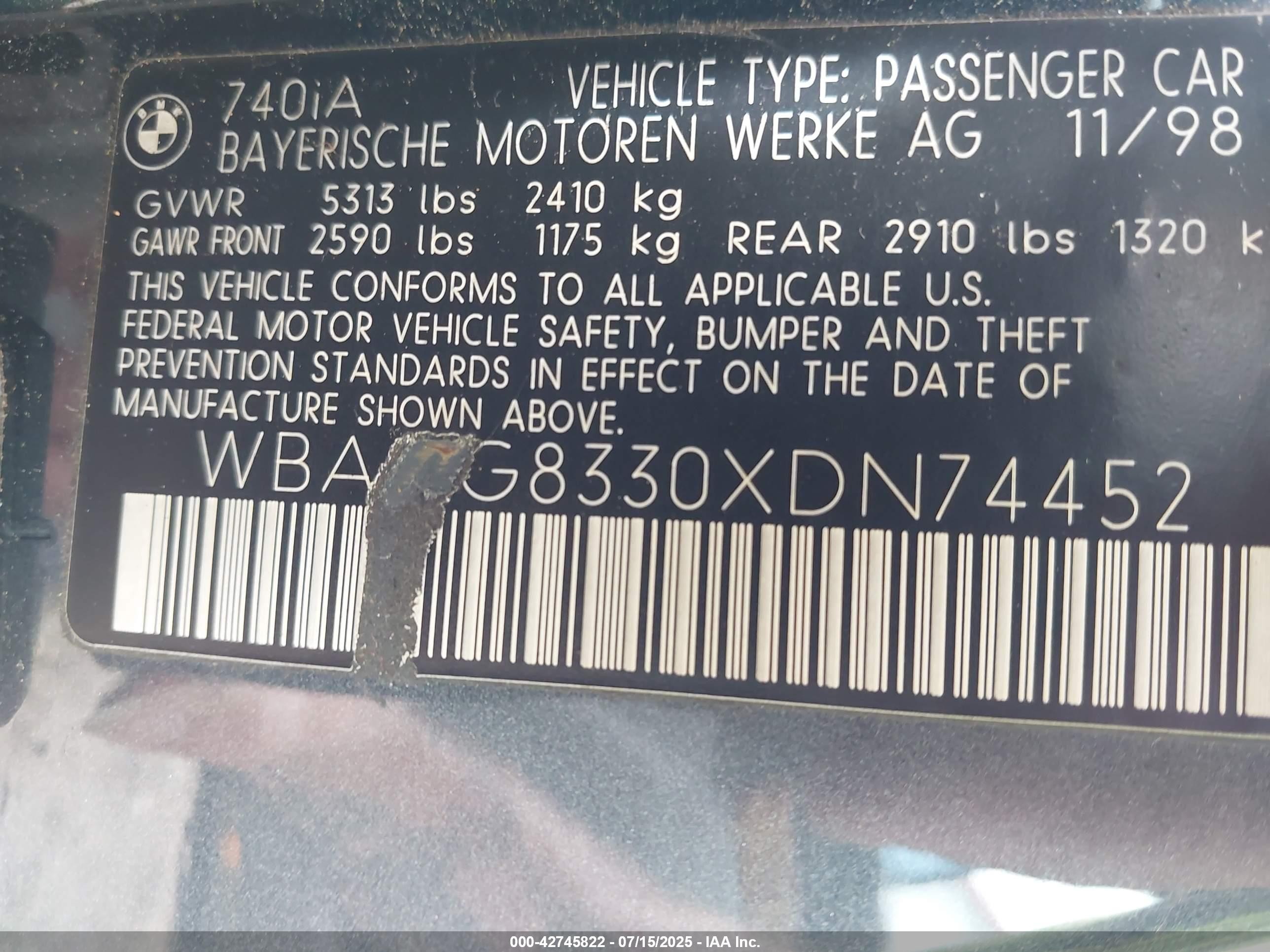 1999 Bmw 740ia   Blue vin: WBAGG8330XDN74452