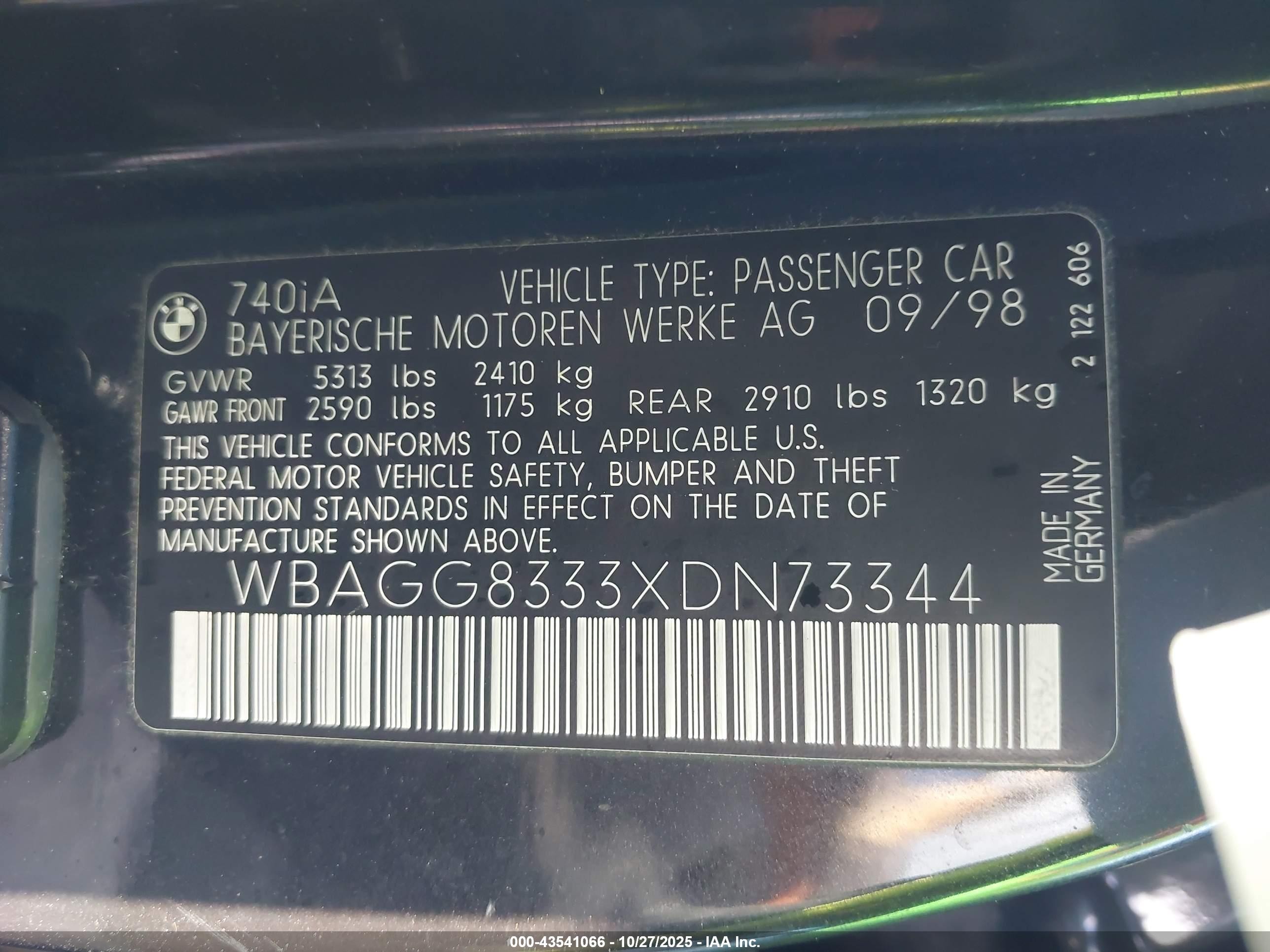 1999 Bmw 740ia   Black vin: WBAGG8333XDN73344