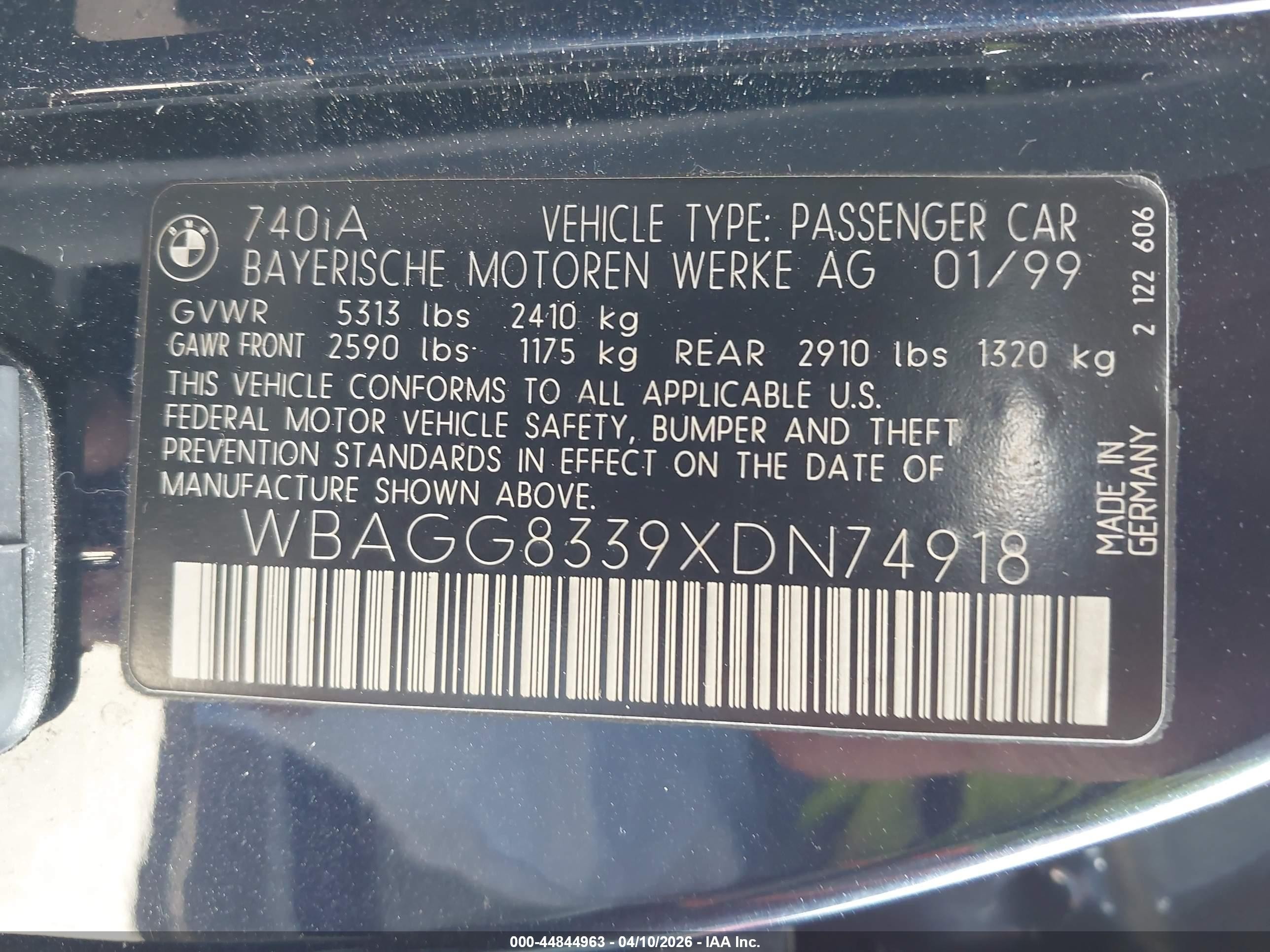 1999 Bmw 740ia   Black vin: WBAGG8339XDN74918