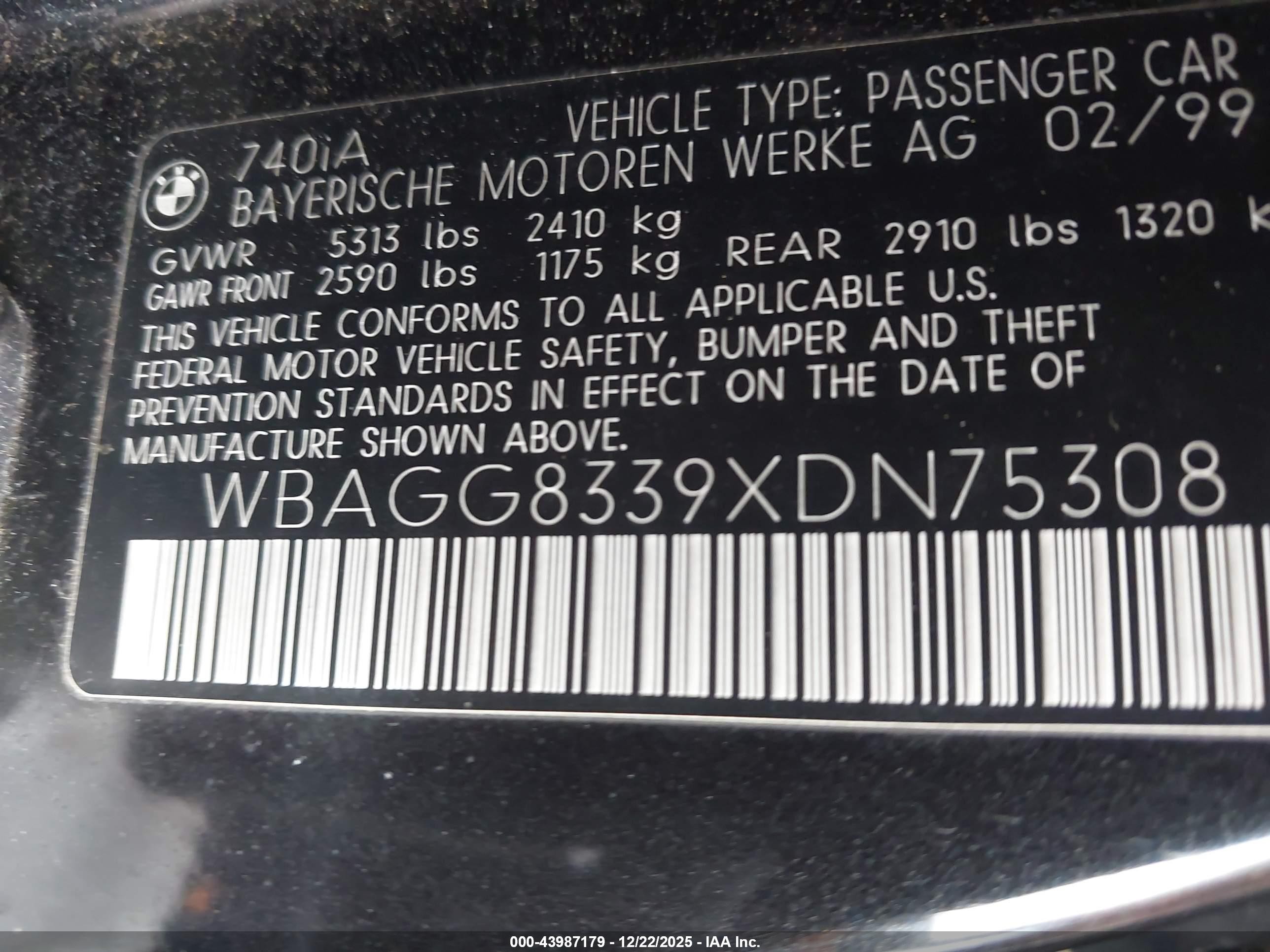 1999 Bmw 740ia   Blue vin: WBAGG8339XDN75308