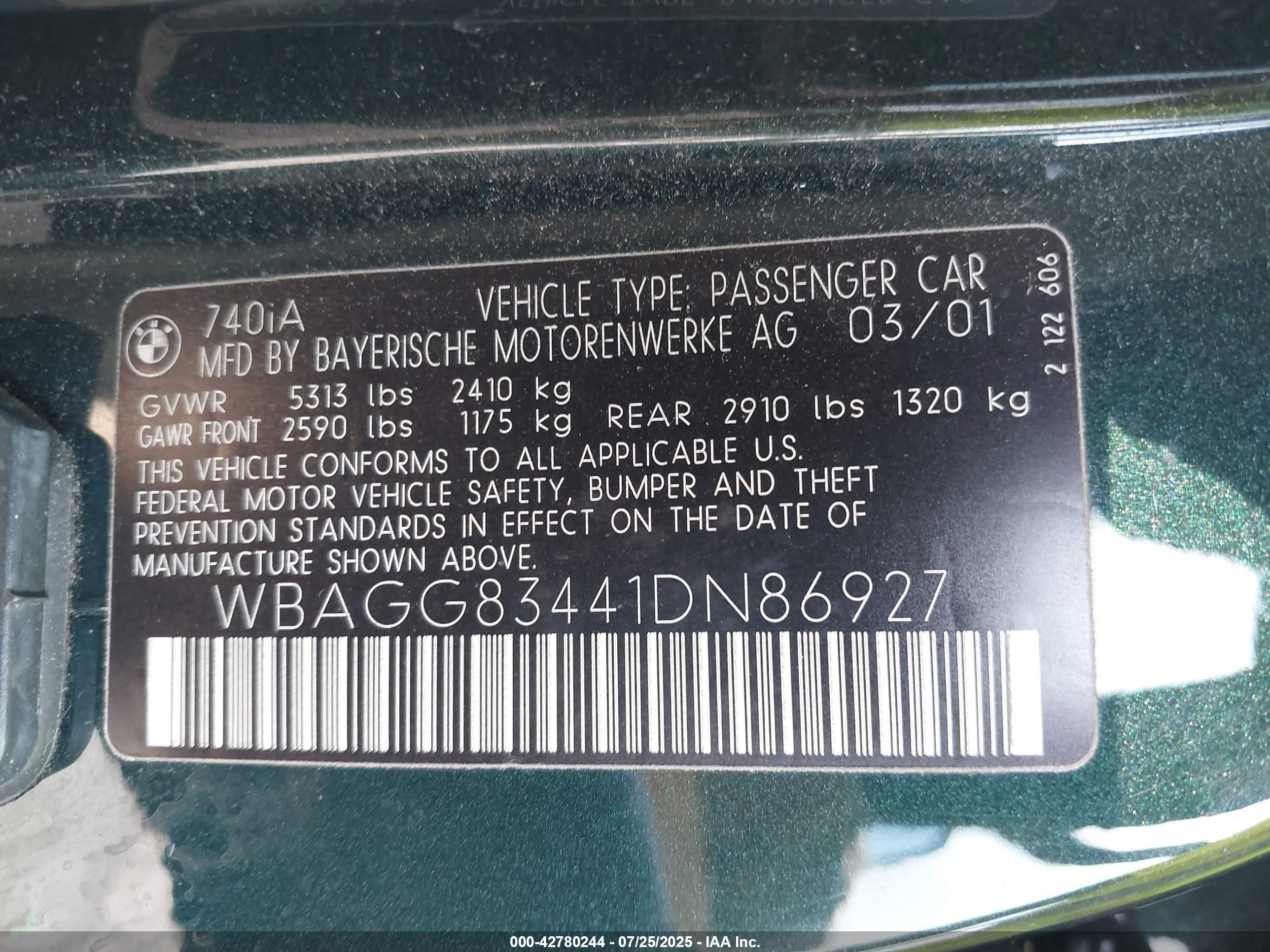 2001 Bmw 740ia   Green vin: WBAGG83441DN86927