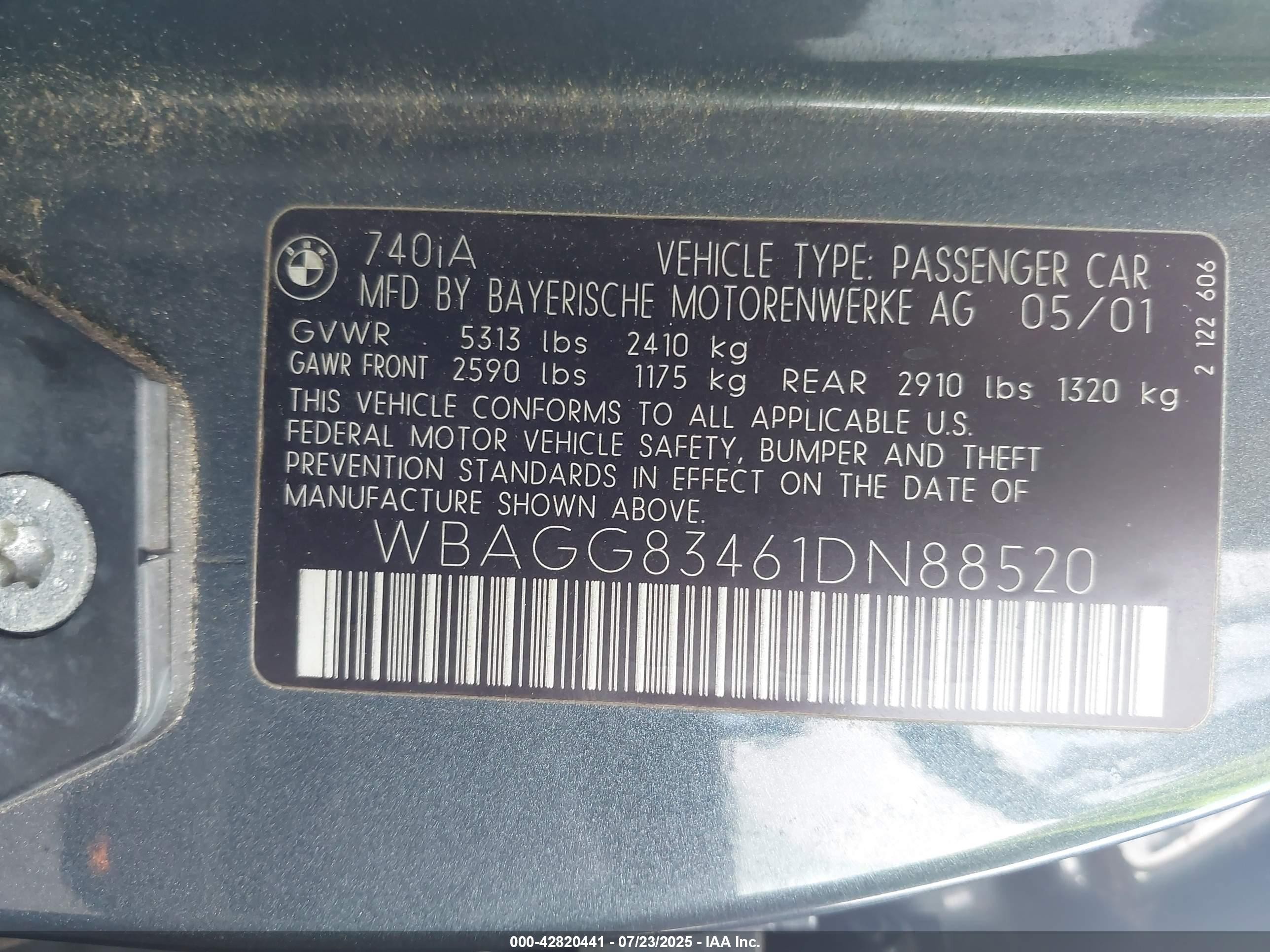 2001 Bmw 740ia   Blue vin: WBAGG83461DN88520