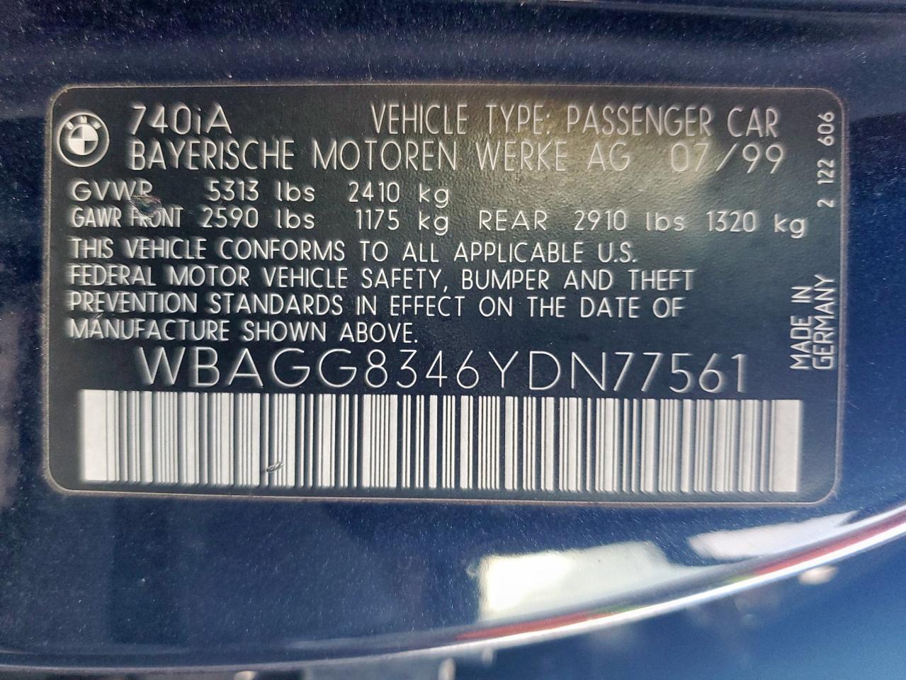 2000 Bmw 740 I Automatic Blue vin: WBAGG8346YDN77561