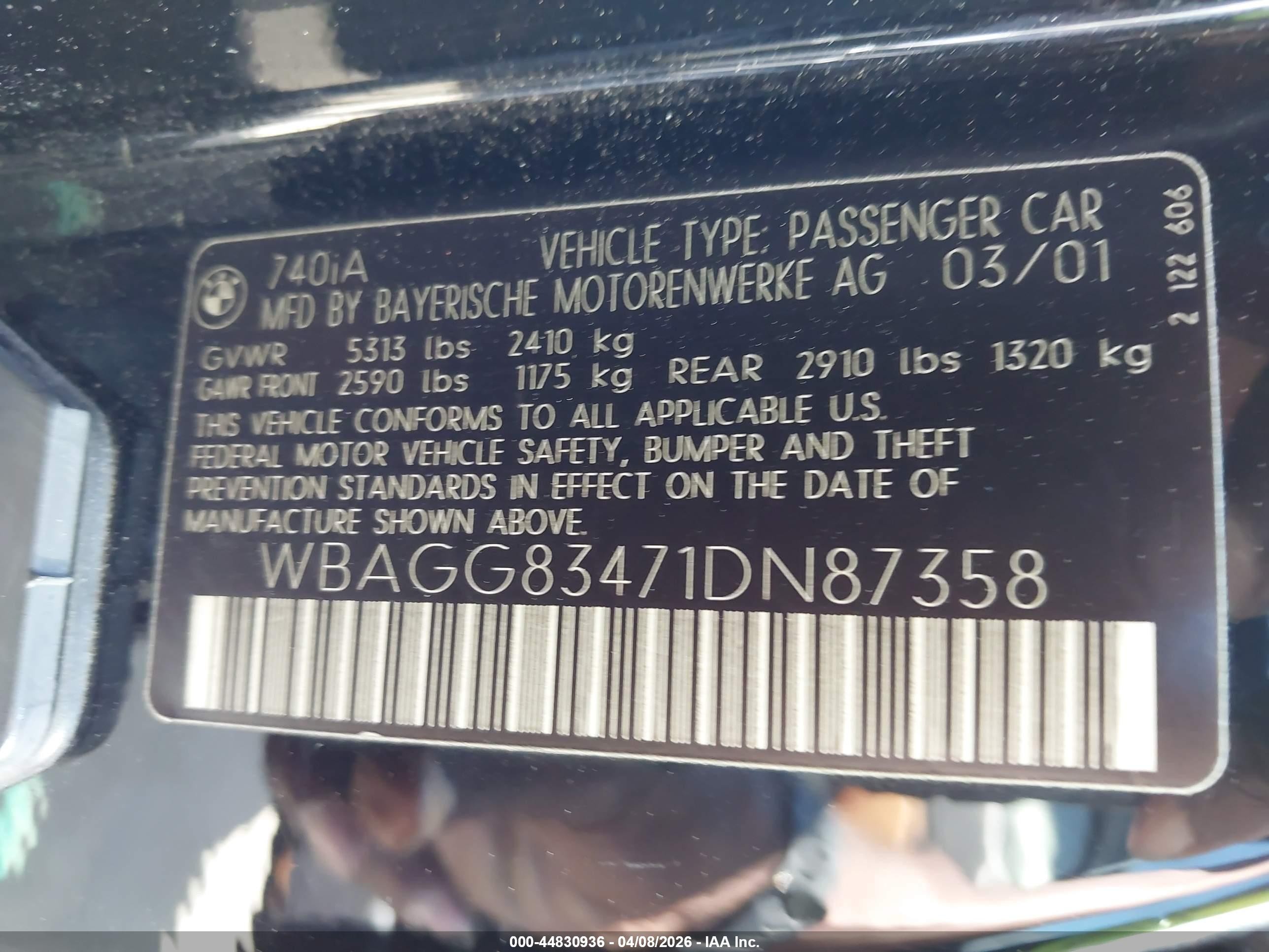 2001 Bmw 740ia   Black vin: WBAGG83471DN87358