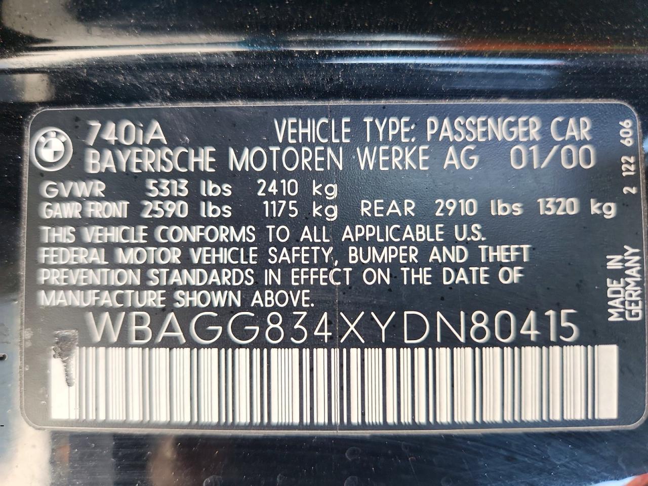 2000 Bmw 740 I Automatic Black vin: WBAGG834XYDN80415