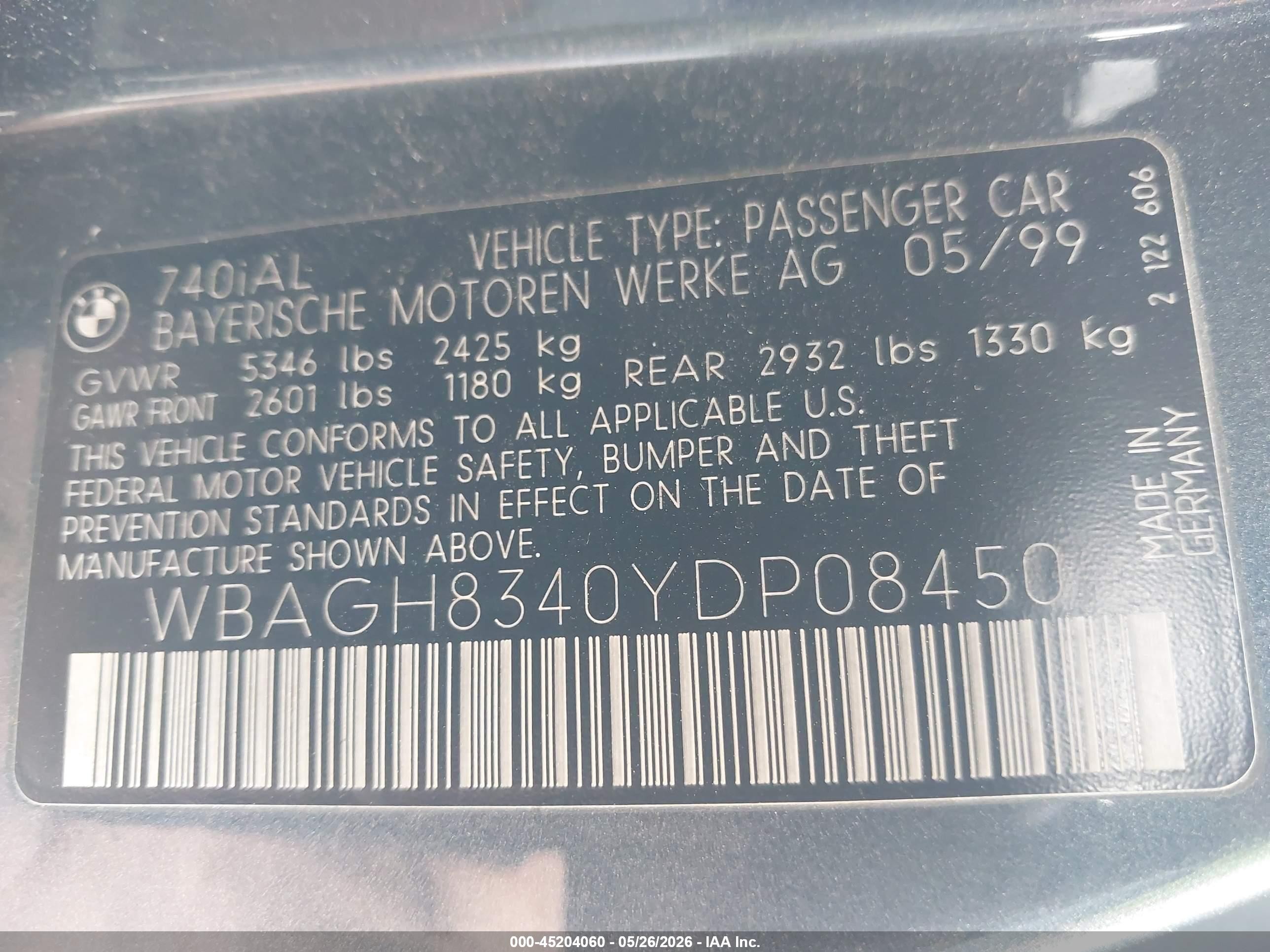2000 Bmw 740il   Gray vin: WBAGH8340YDP08450