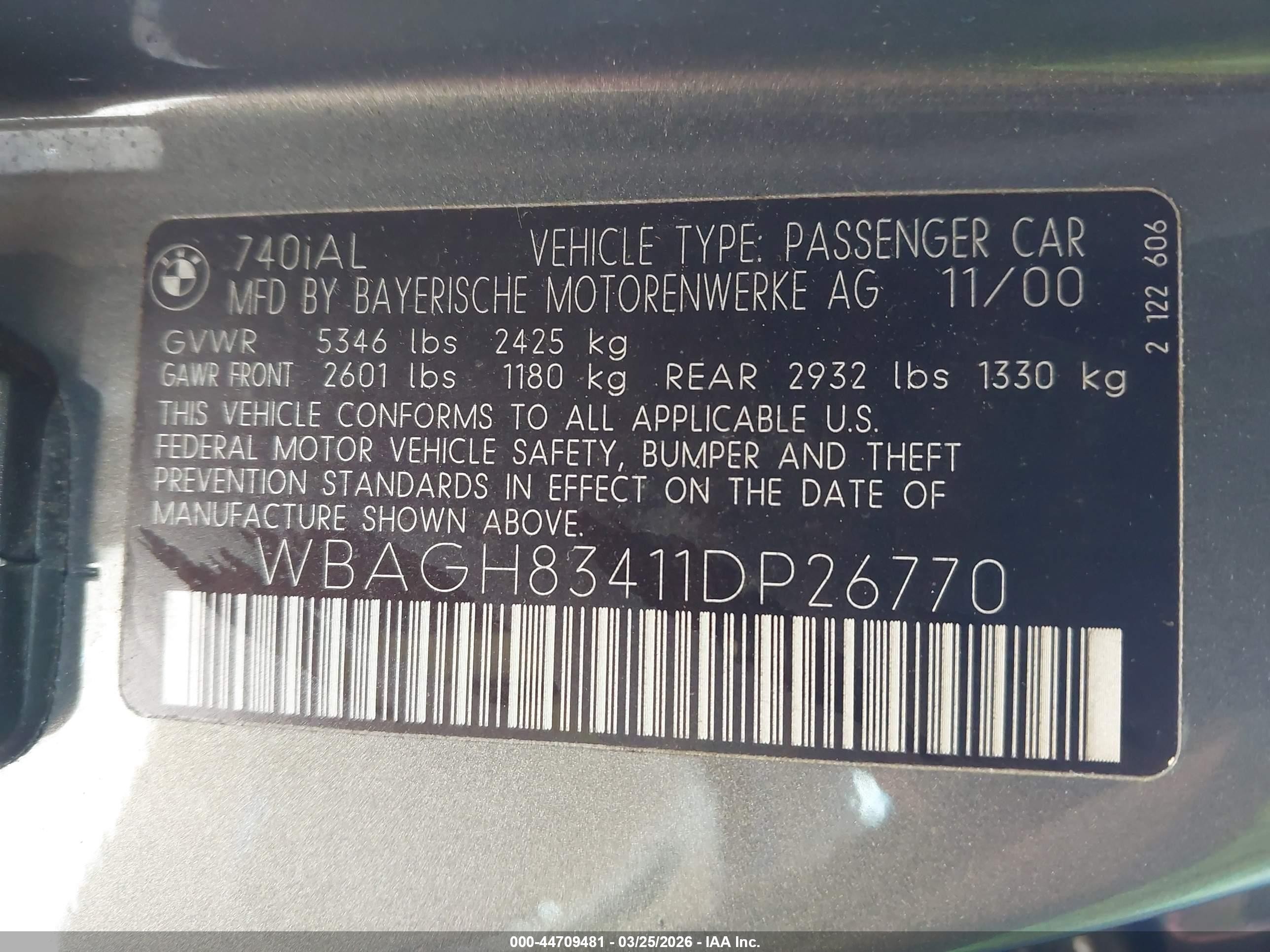 2001 Bmw 740il   Gray vin: WBAGH83411DP26770