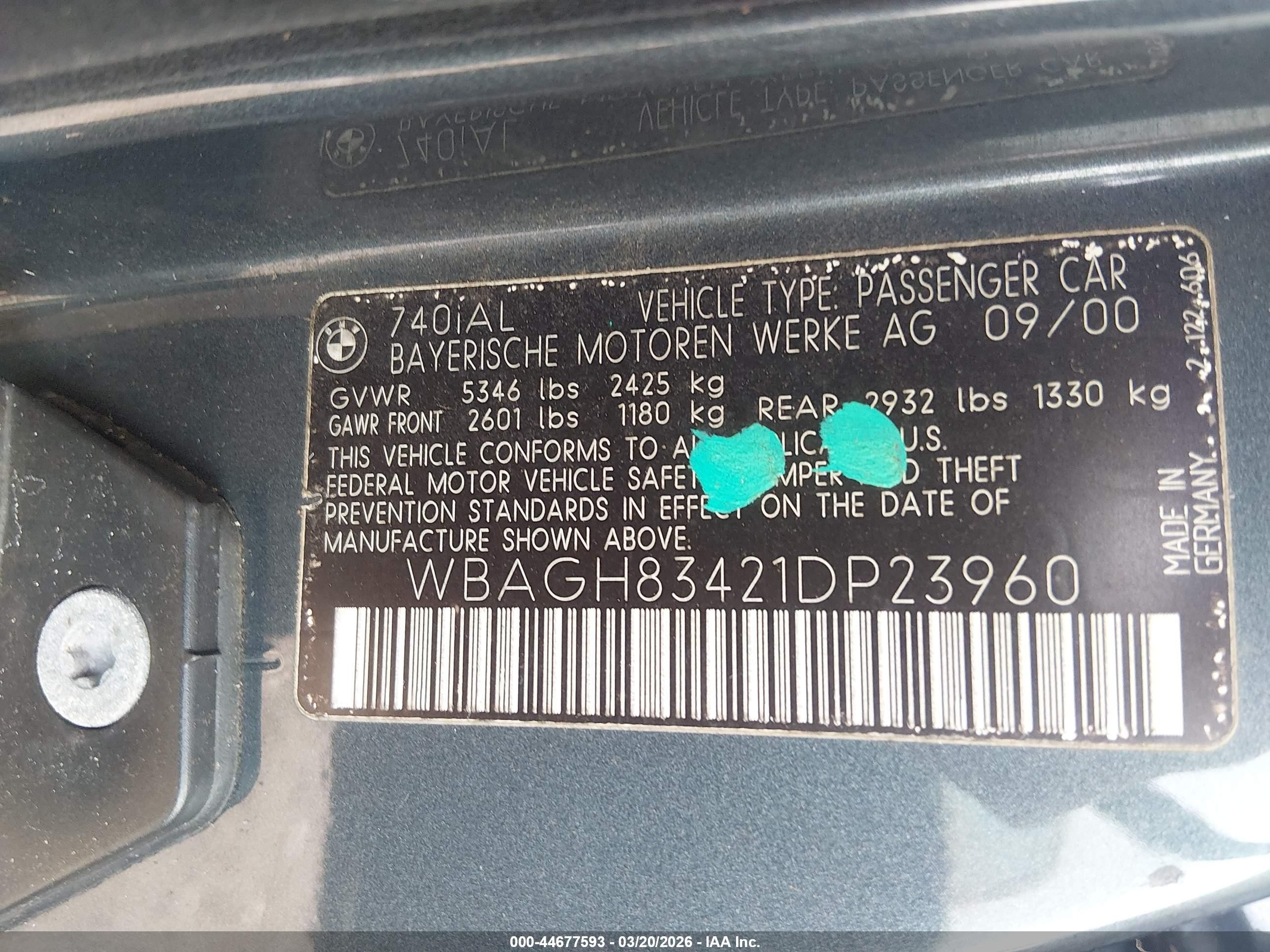 2001 Bmw 740il   Blue vin: WBAGH83421DP23960
