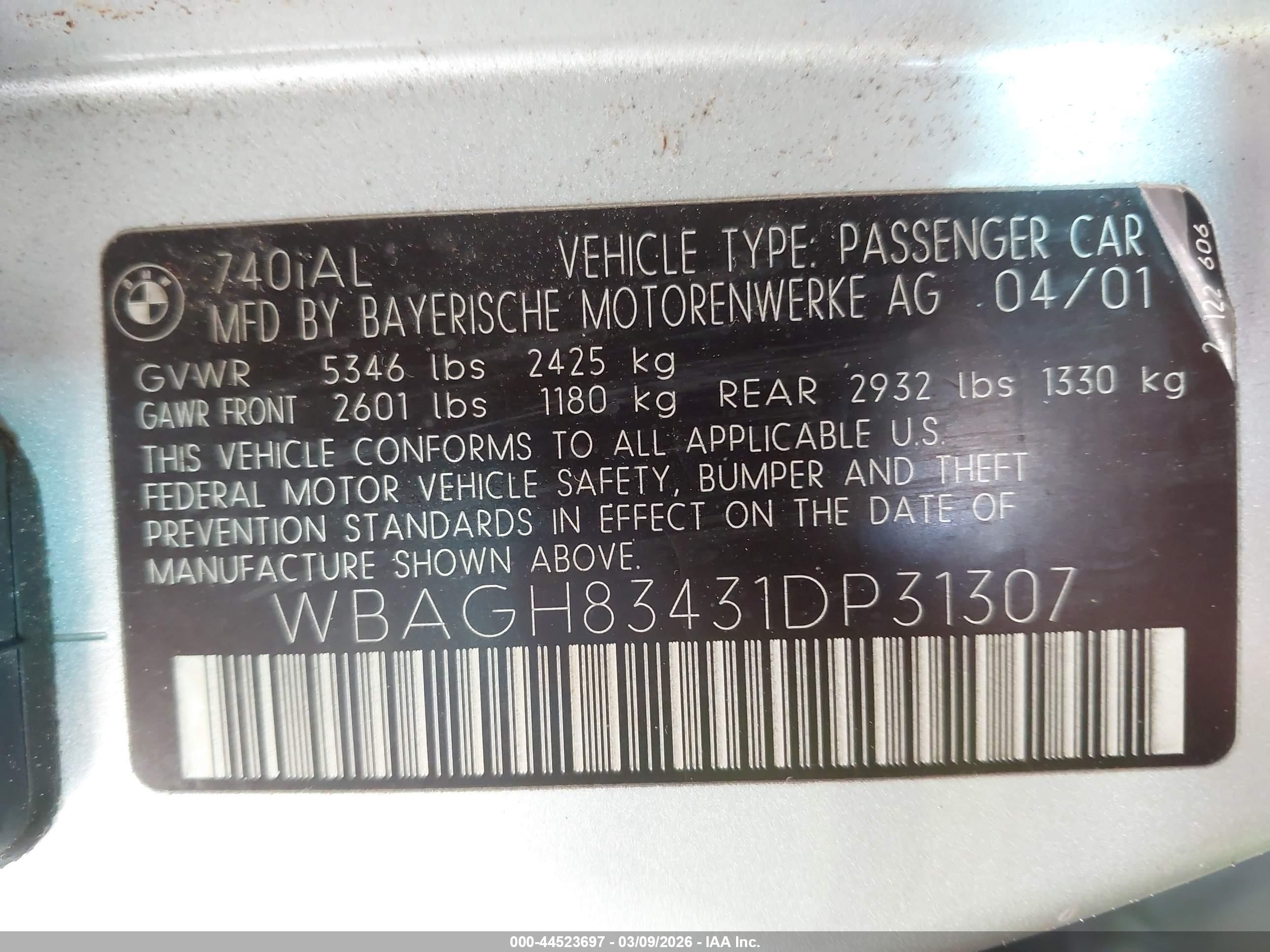 2001 Bmw 740il   Silver vin: WBAGH83431DP31307