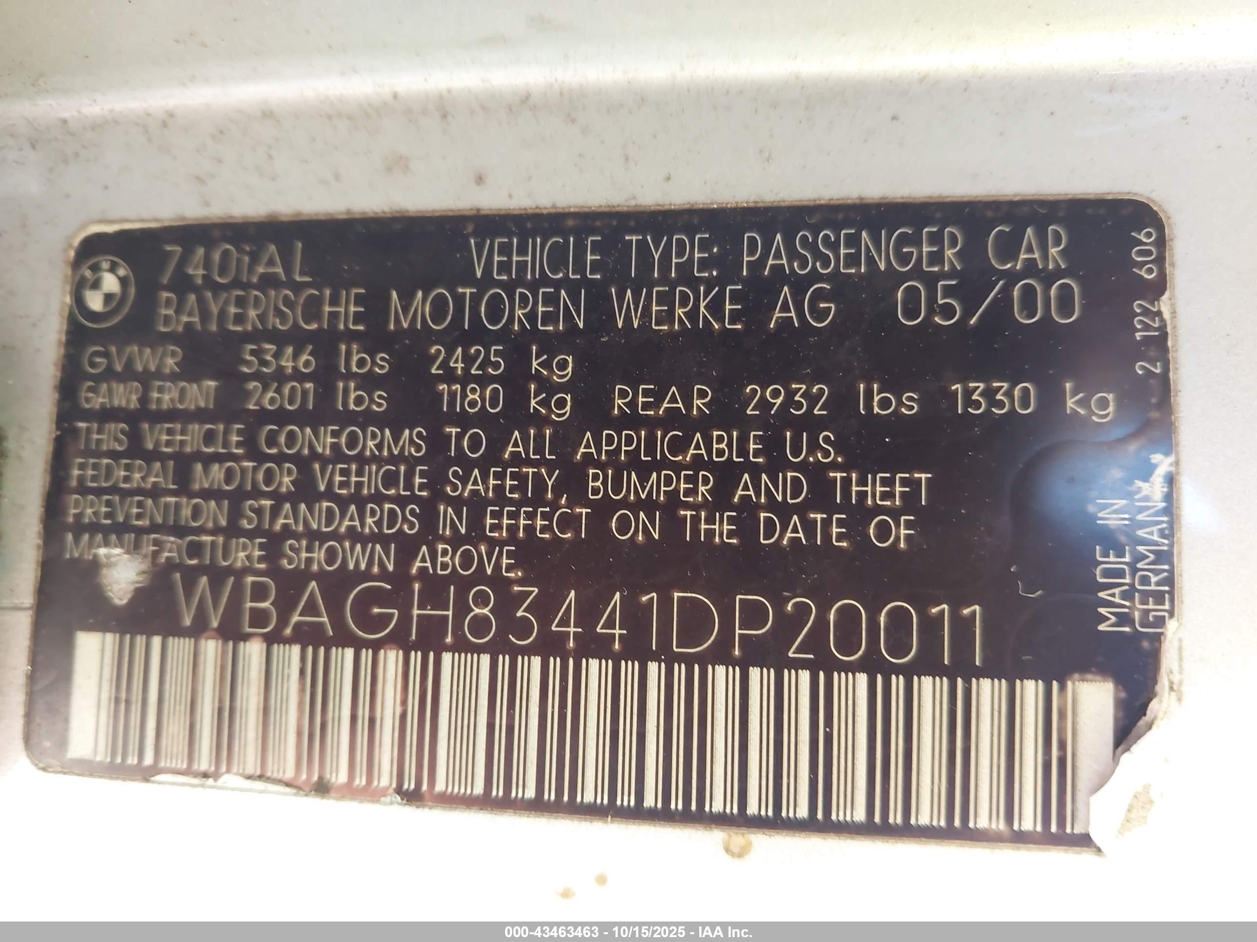 2001 Bmw 740il   Silver vin: WBAGH83441DP20011