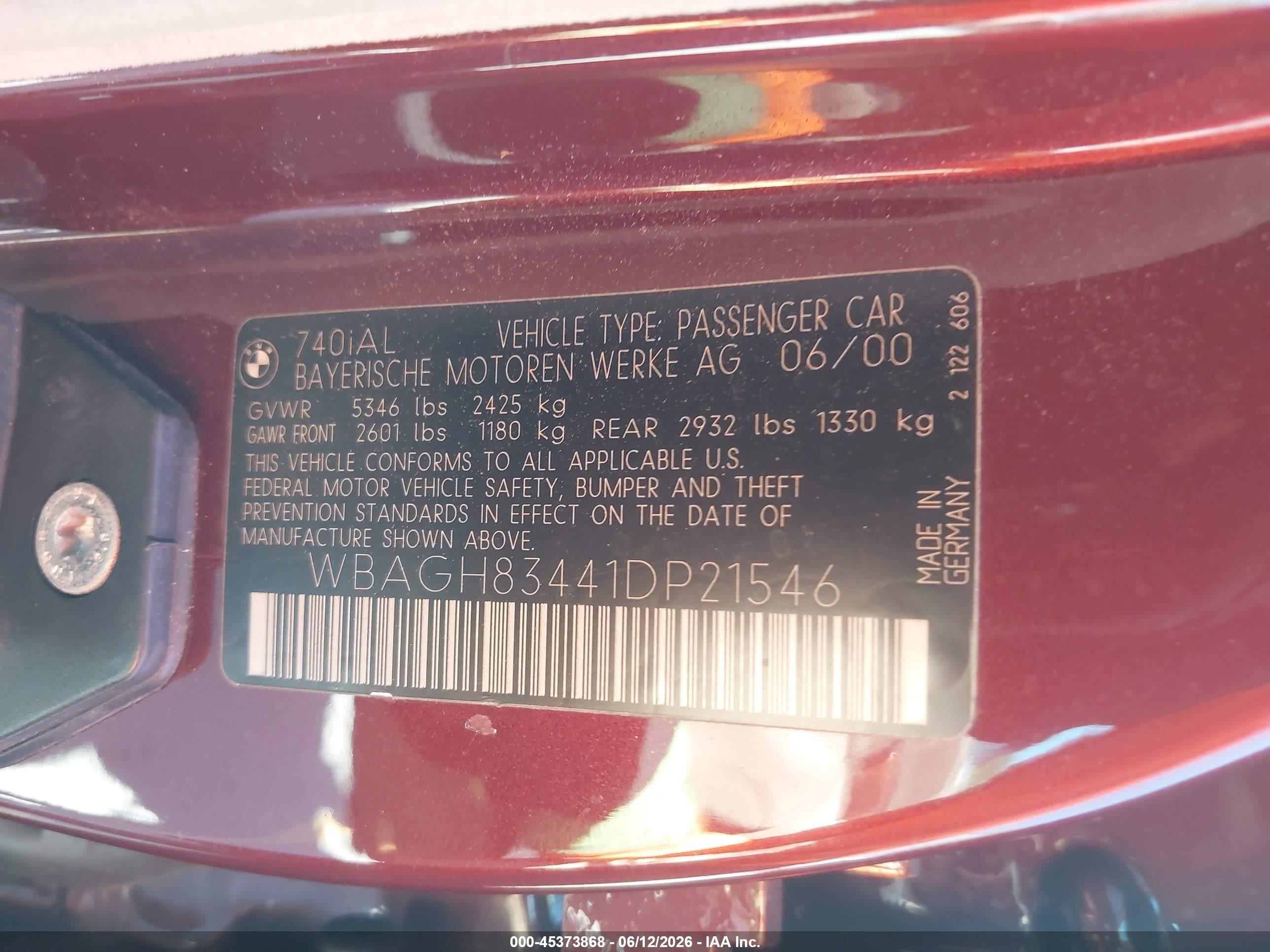 2001 Bmw 740il   Red vin: WBAGH83441DP21546