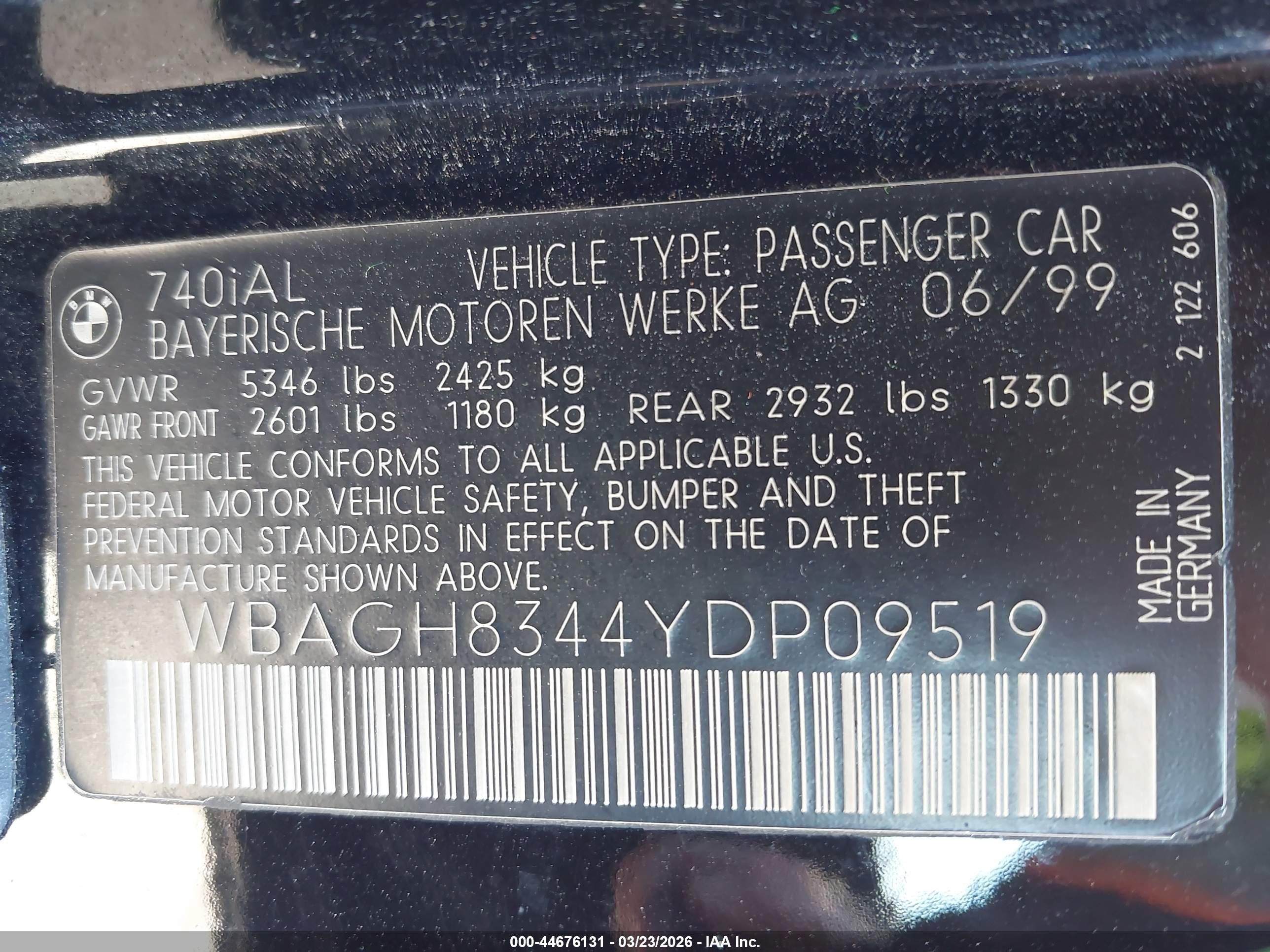 2000 Bmw 740il   Black vin: WBAGH8344YDP09519