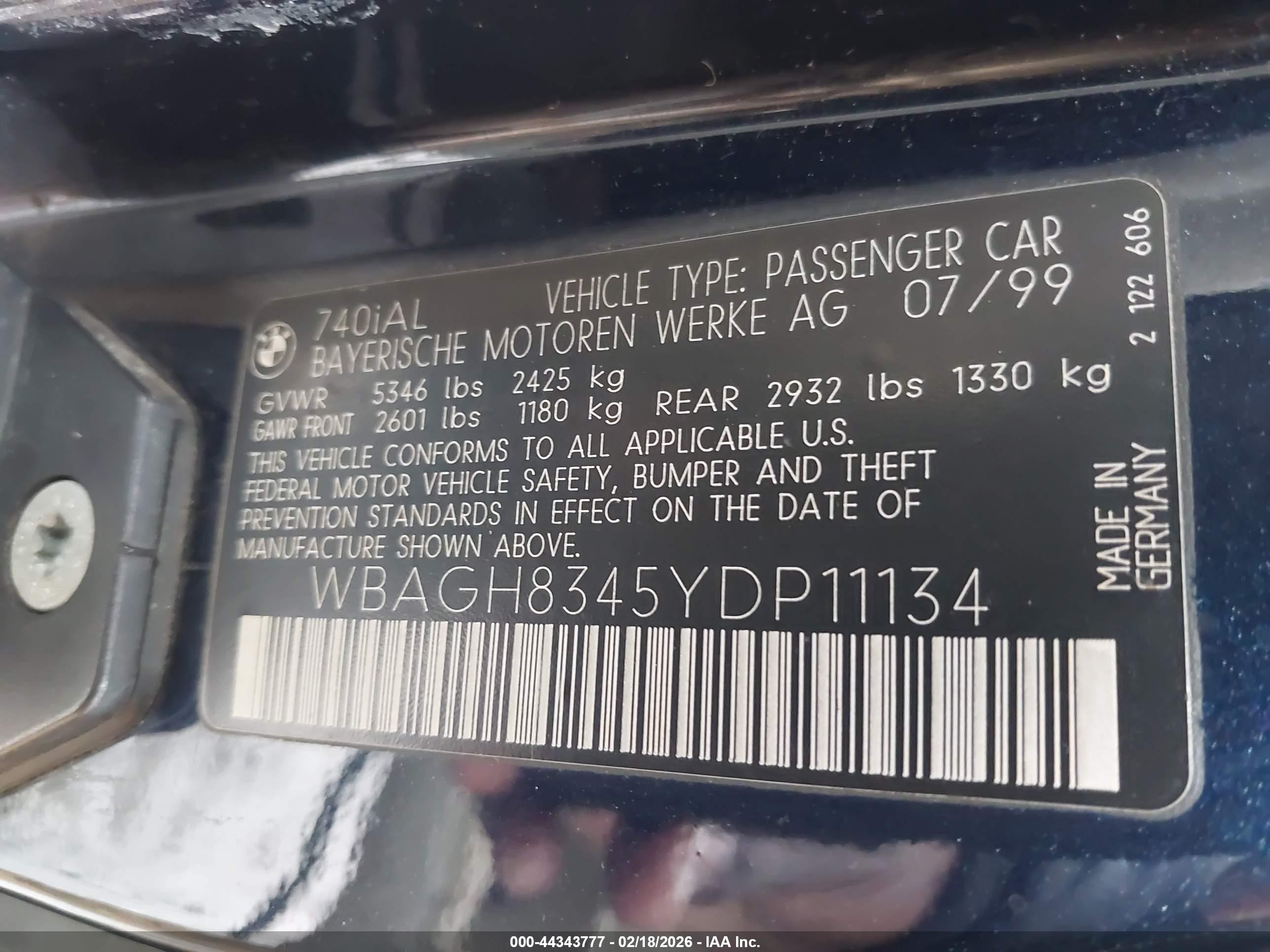2000 Bmw 740il   Blue vin: WBAGH8345YDP11134