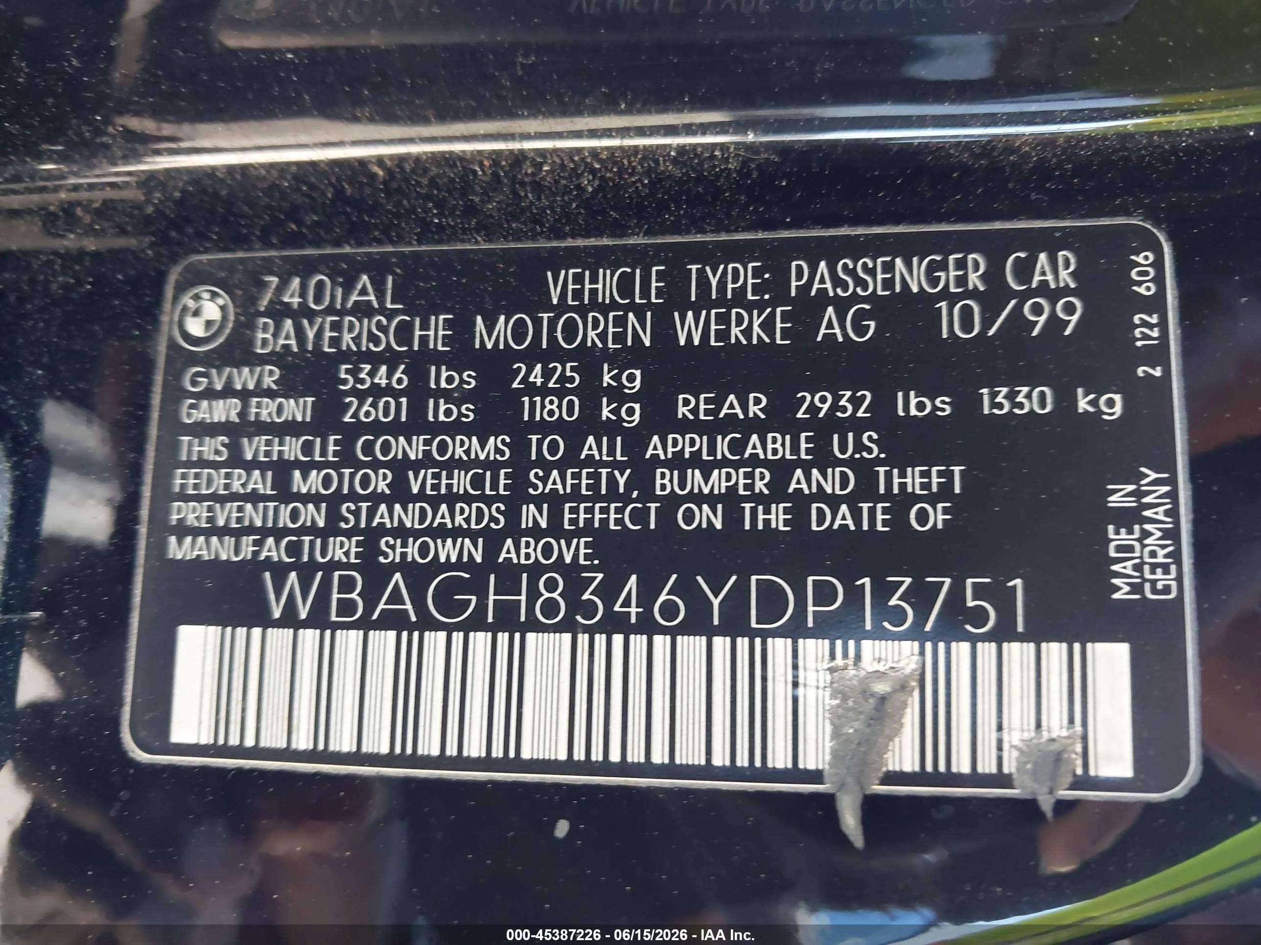 2000 Bmw 740il   Black vin: WBAGH8346YDP13751