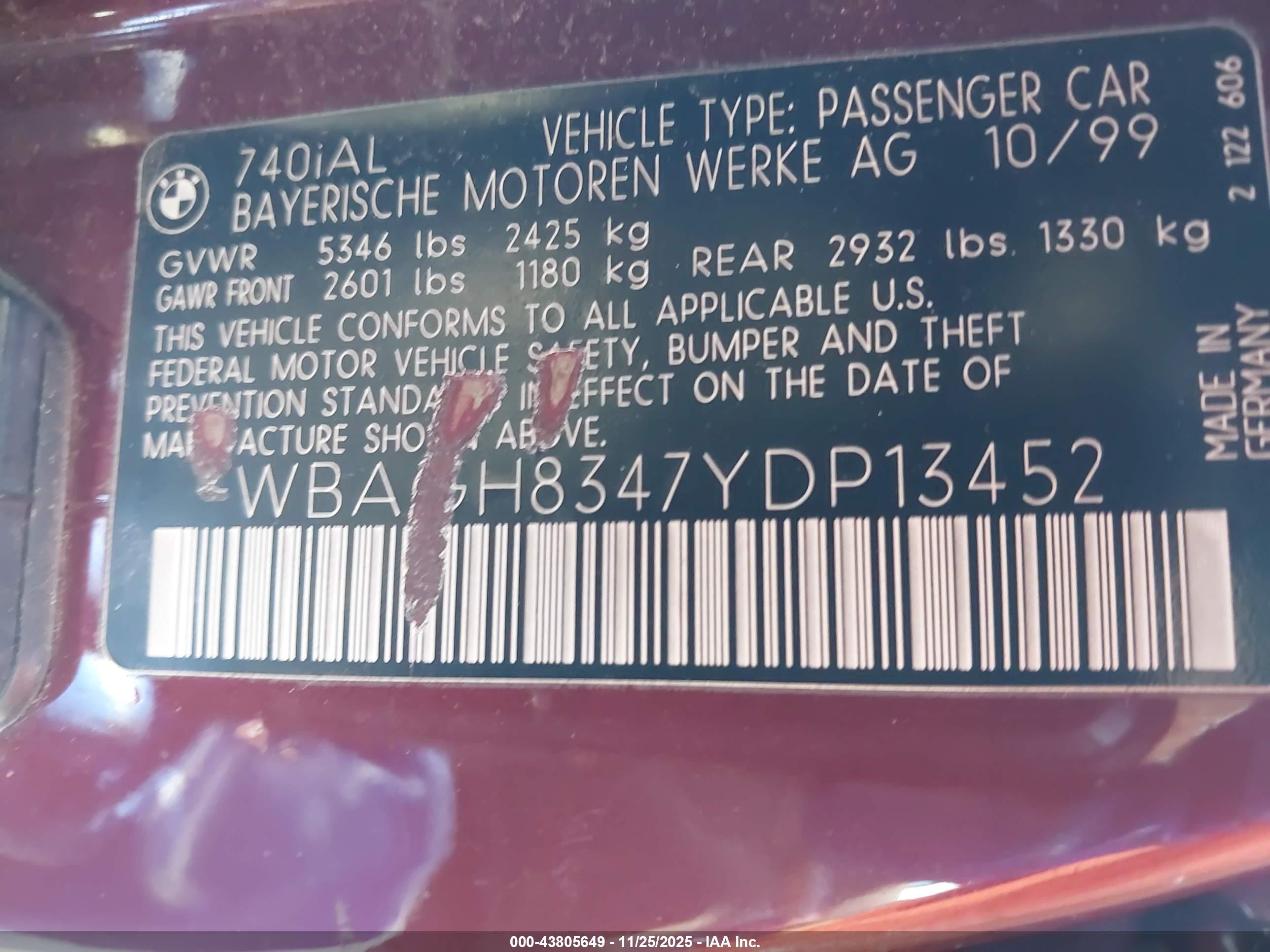 2000 Bmw 740il   Burgundy vin: WBAGH8347YDP13452