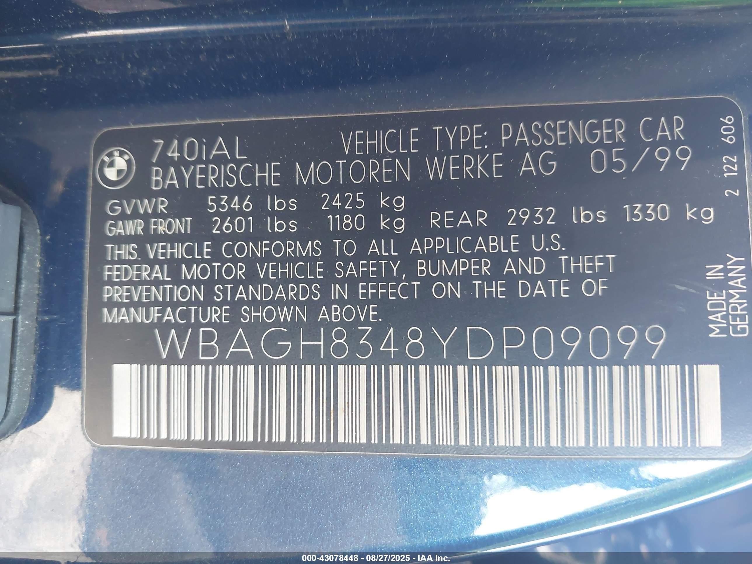 2000 Bmw 740il   Blue vin: WBAGH8348YDP09099