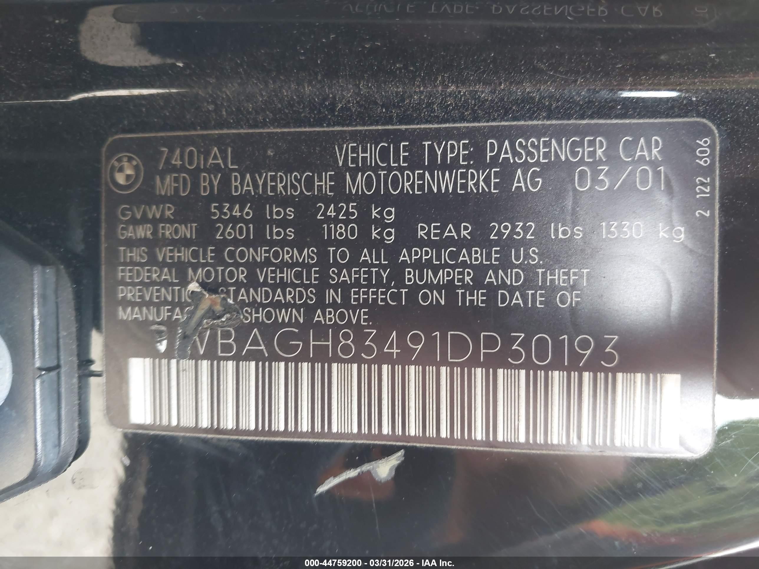 2001 Bmw 740il   Black vin: WBAGH83491DP30193