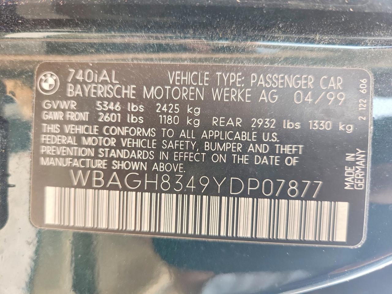 2000 Bmw 740 Il Green vin: WBAGH8349YDP07877
