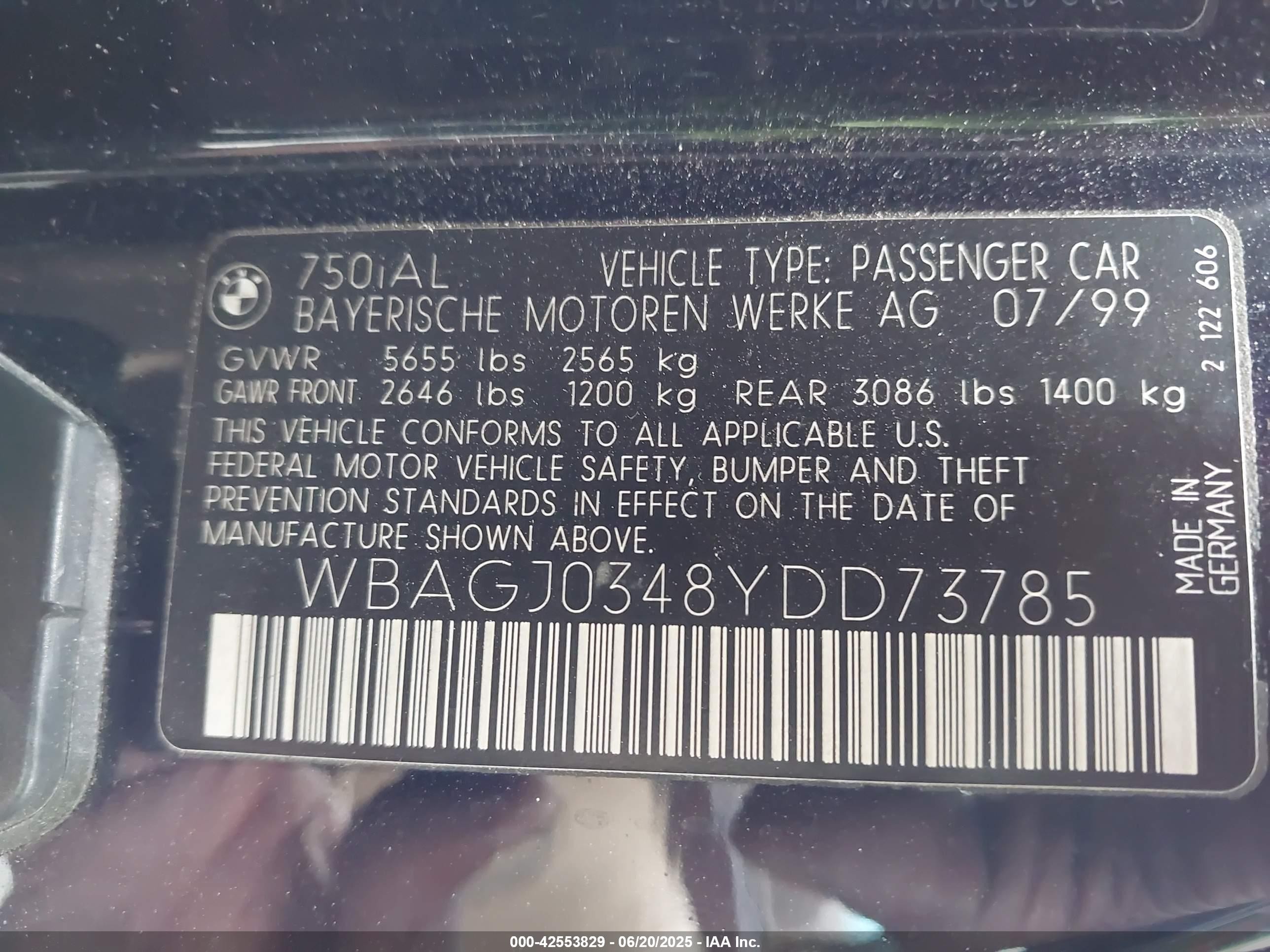 2000 Bmw 750il   Blue vin: WBAGJ0348YDD73785