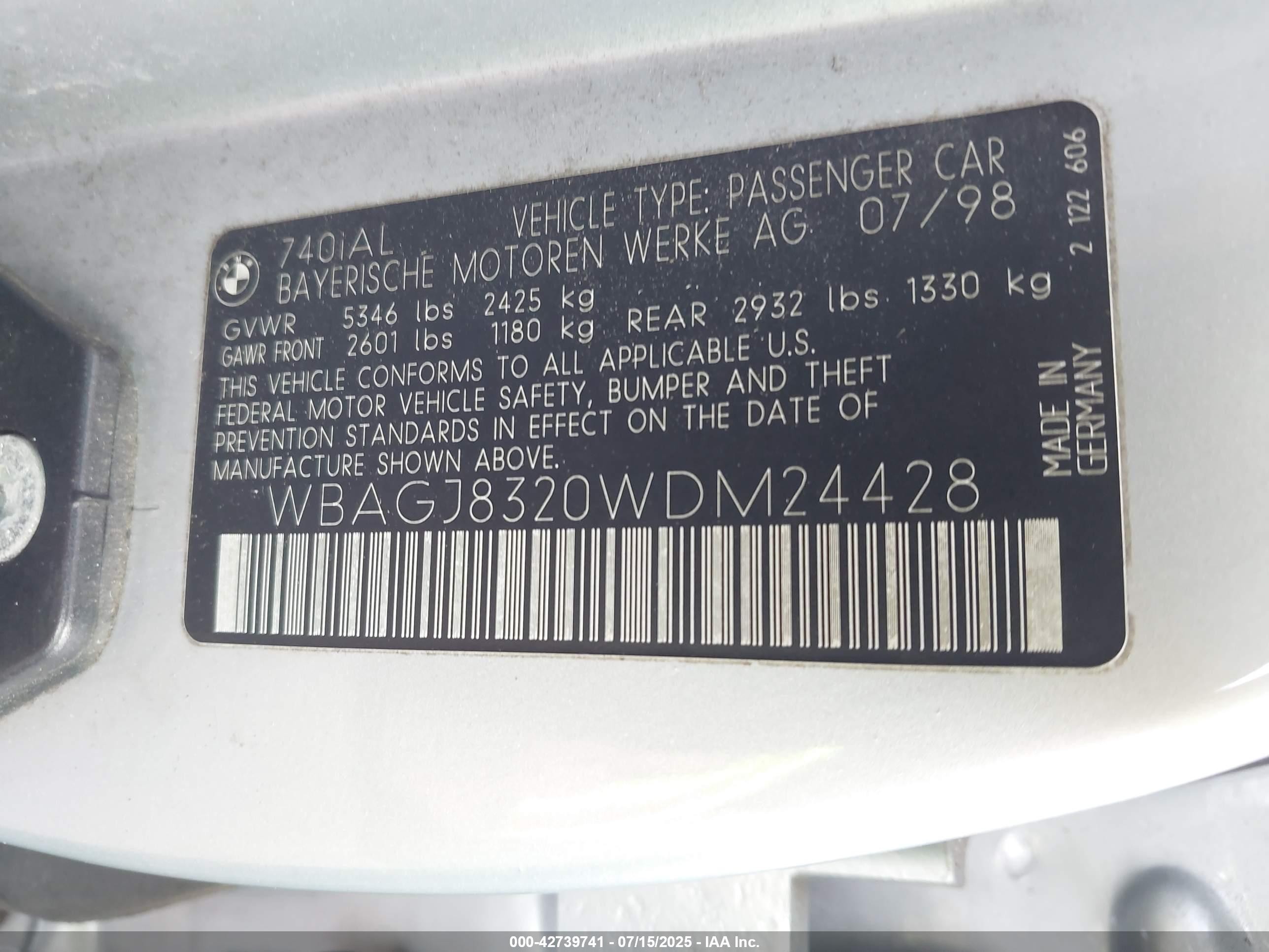 1998 Bmw 740il   Серебряный vin: WBAGJ8320WDM24428
