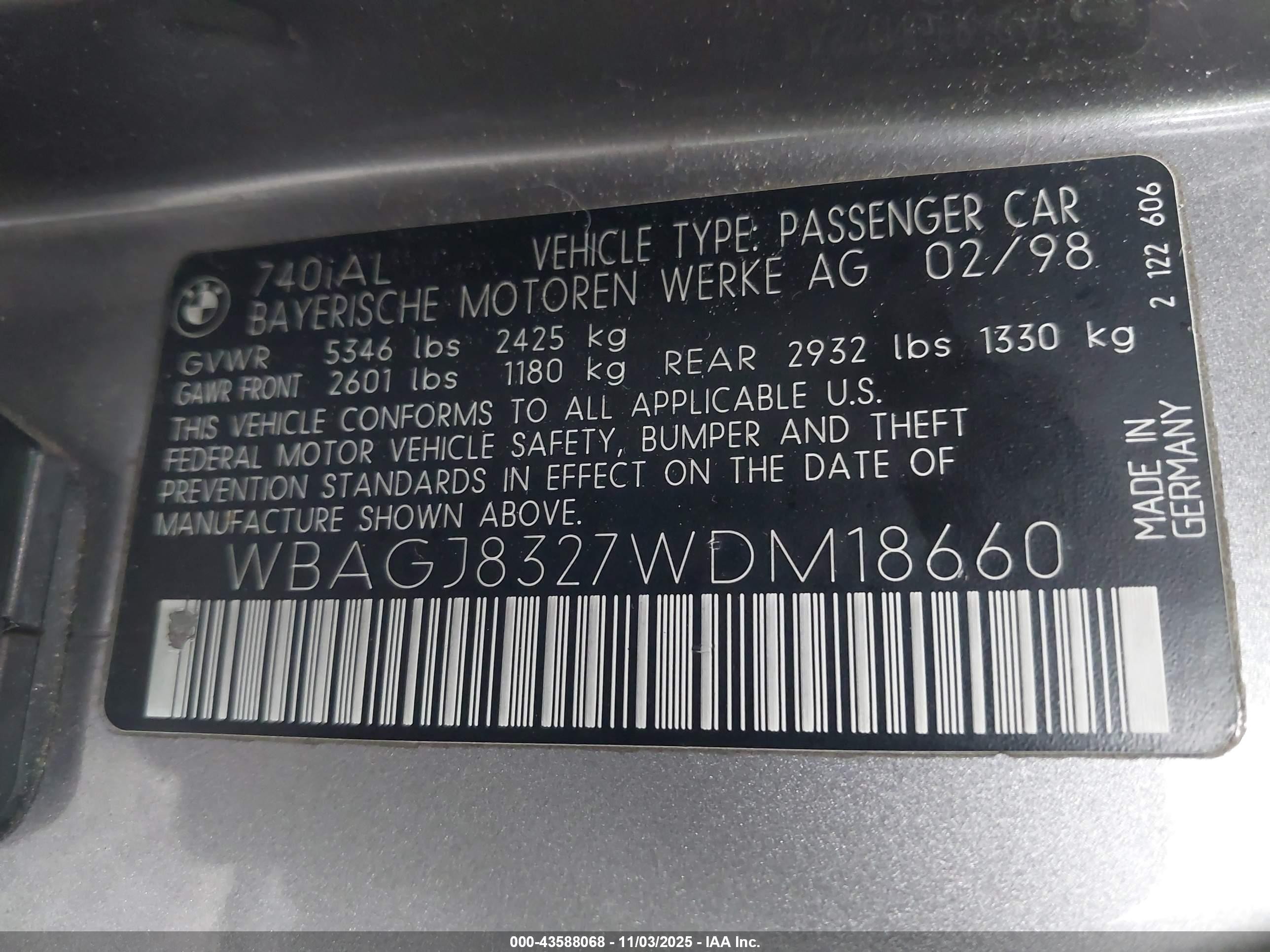 1998 Bmw 740il   Gray vin: WBAGJ8327WDM18660