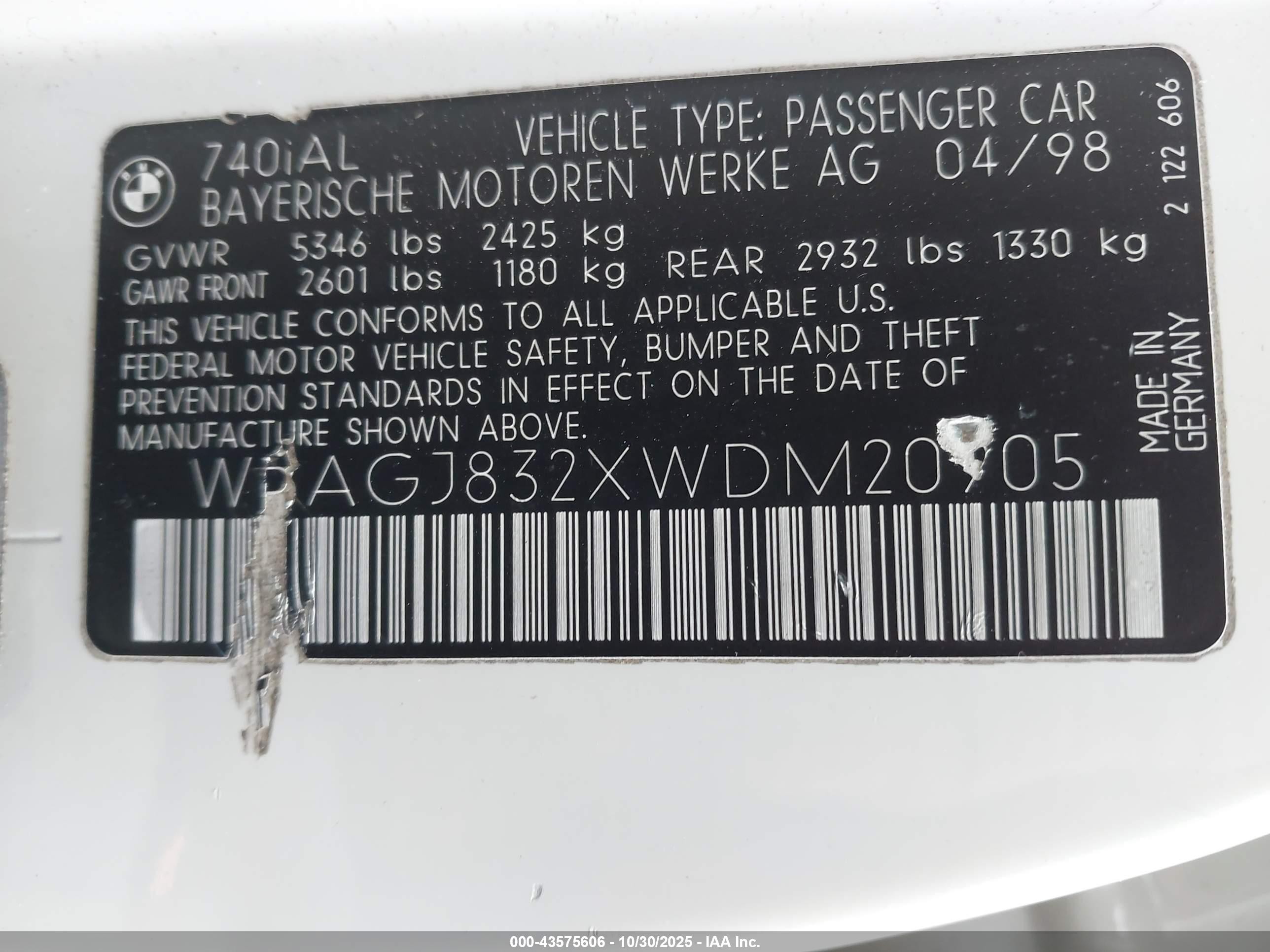 1998 Bmw 740il   Белый vin: WBAGJ832XWDM20905